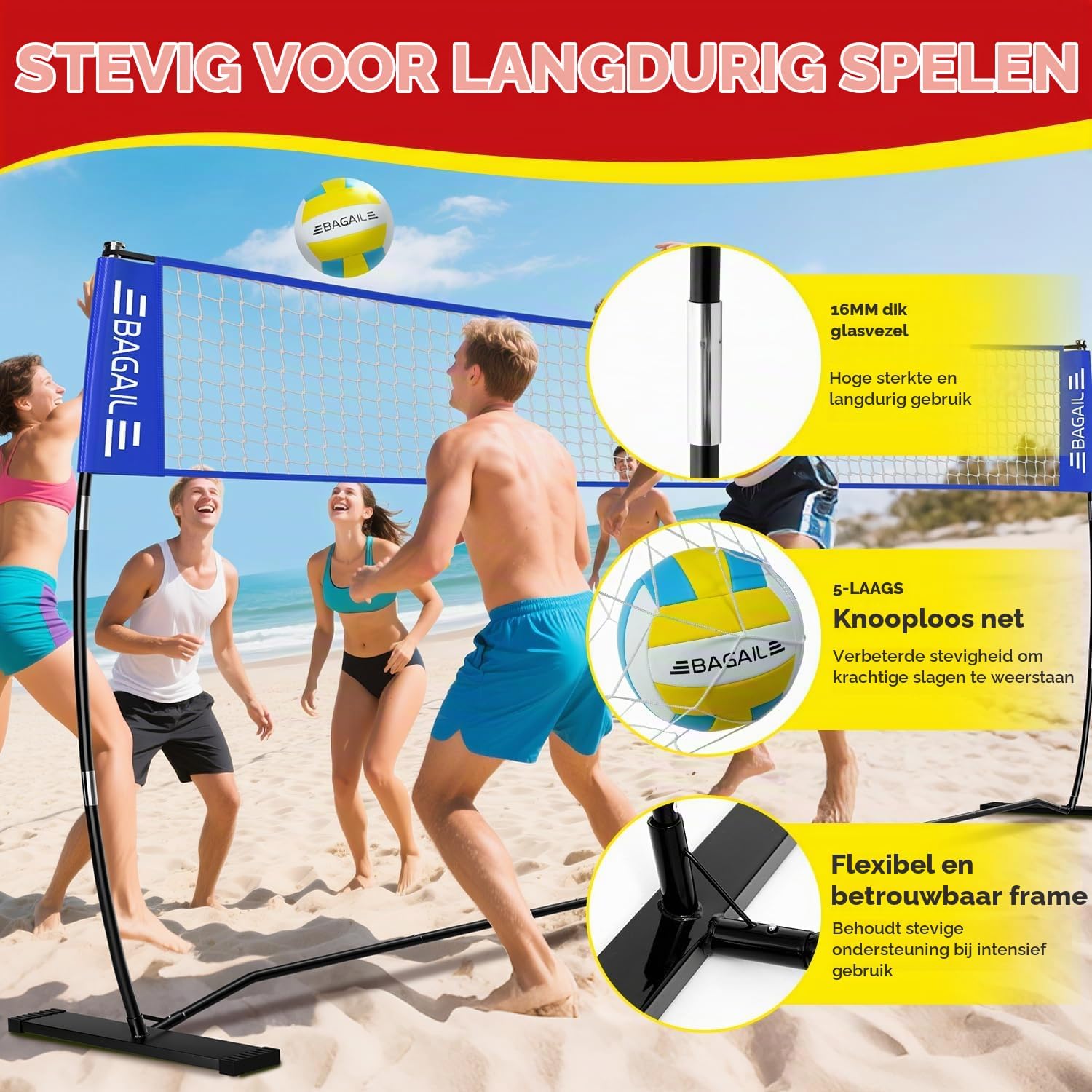 Detalle de BAGAIL VN01-Blue volleybalnet, 3,6 m, verstelbaar en vrijstaand