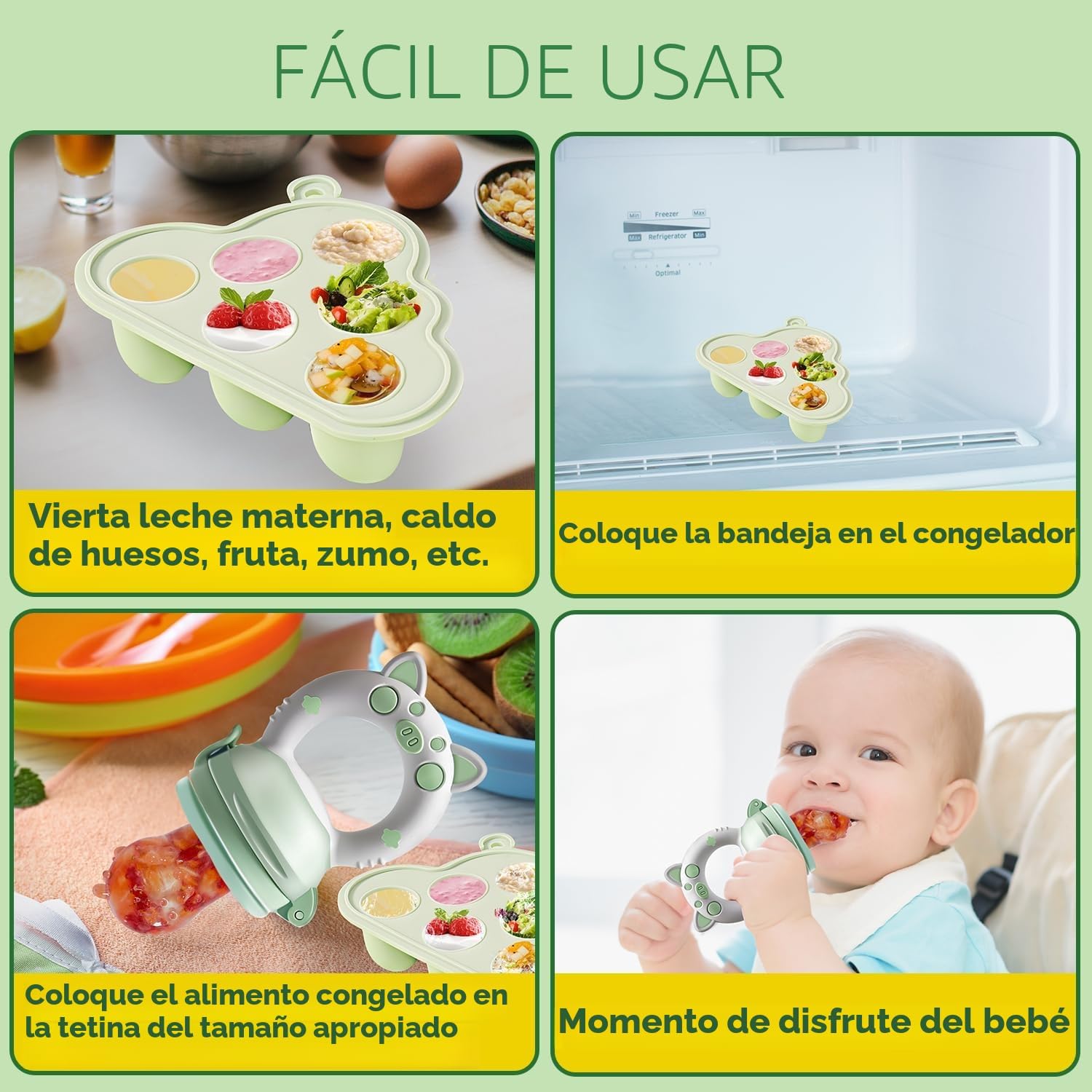 Detalle 2 de Chupete Fruta Bebe de Kaiyingxin: Alimentador y Molde para Helados con 3 Tetinas de Silicona