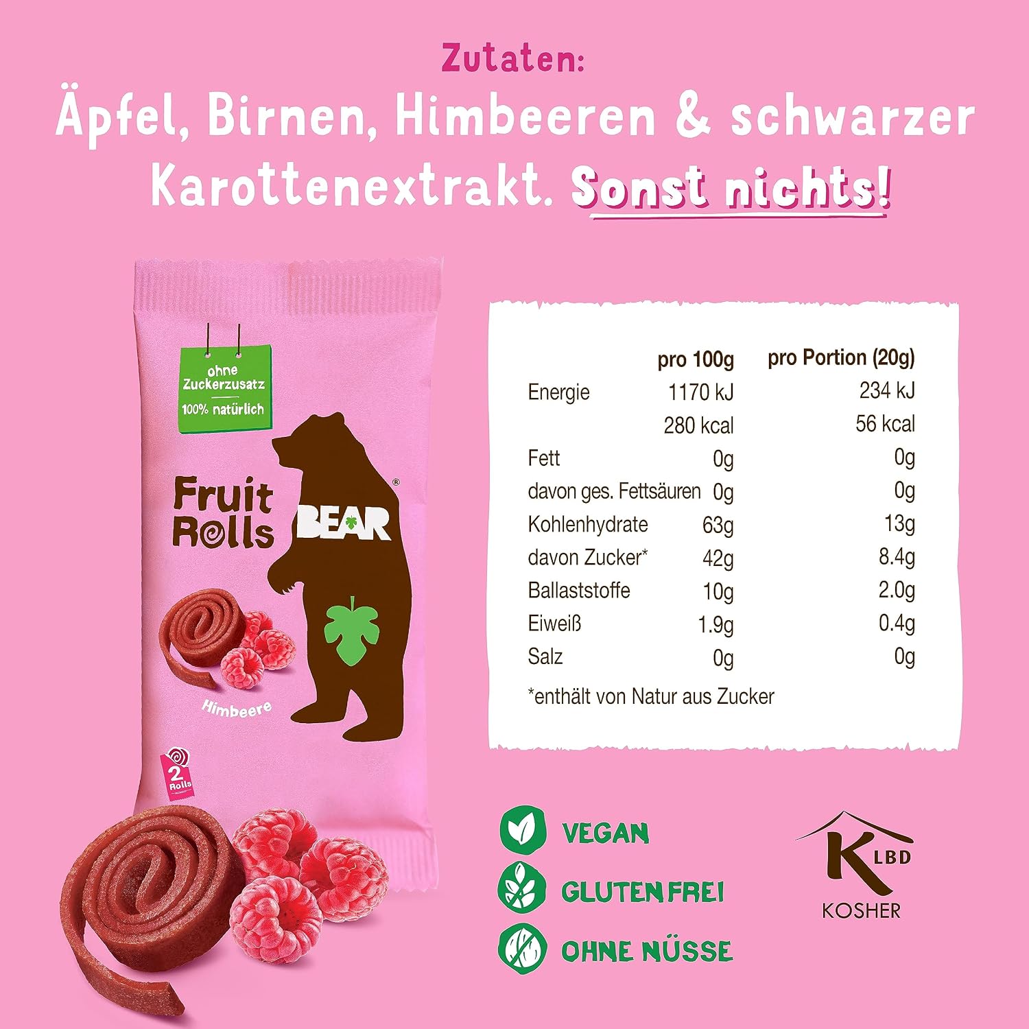 Detalle de BEAR Fruchtrollen Himbeere – 100% natürliche Fruchtsnacks, 18 Beutel, 360 g