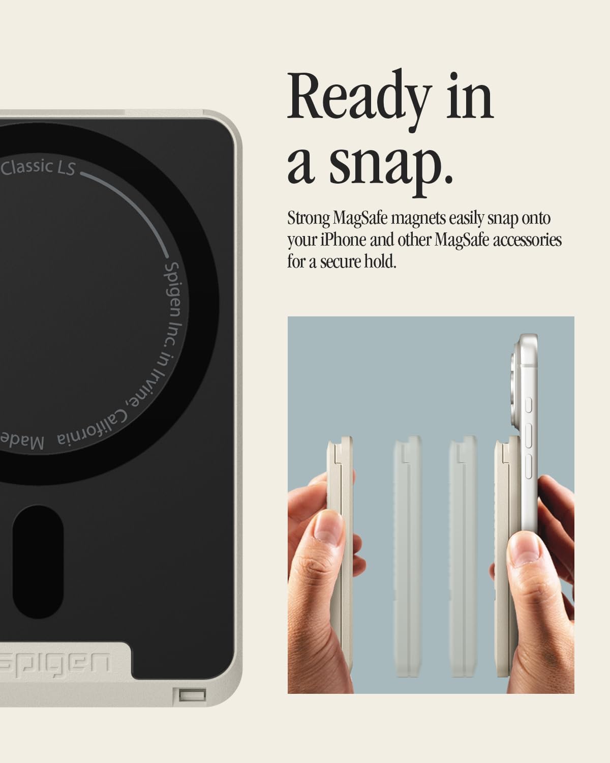 Detalle de Spigen Classic LS MagFit : porte-cartes magnétique pour iPhone MagSafe et Pixel avec PixelSnap (jusqu’à 3 cartes) – Stone
