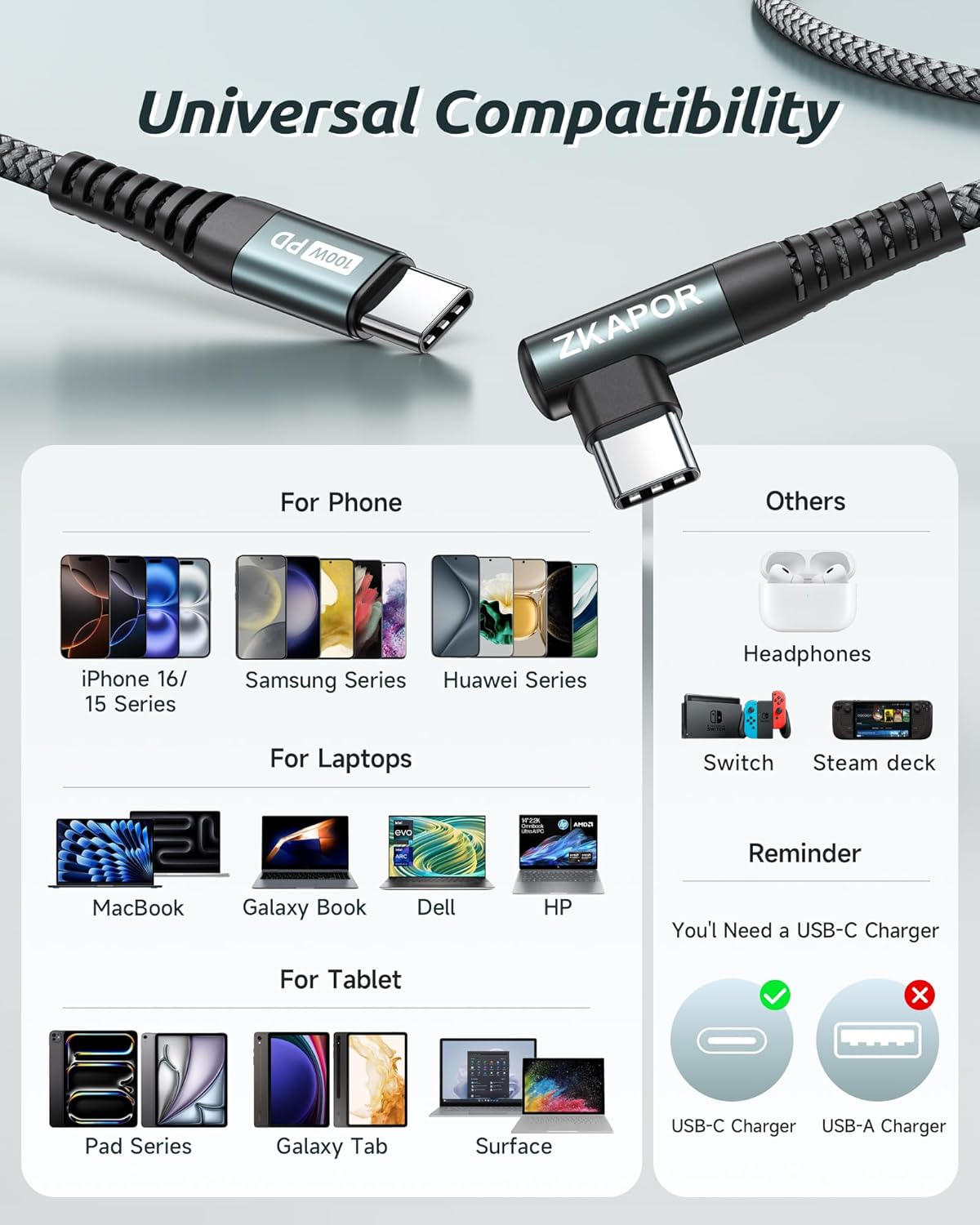 Thumbnail 6 de ZKAPOR USB-C Kabel 3M – 100W PD/QC Schnelllade- und USB-C-zu-USB-C Kabel, 2er Pack, 90° Design