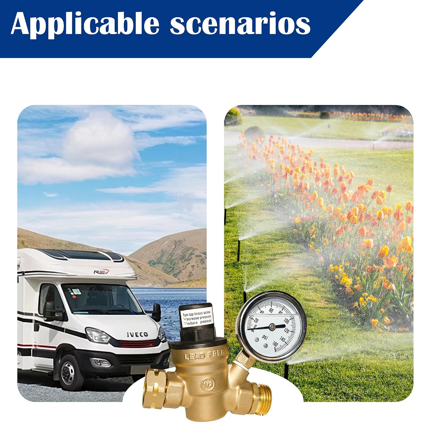 Detalle de Hourleey RV Water Pressure Regulator Valve with Gauge and Inlet Screened Filter
