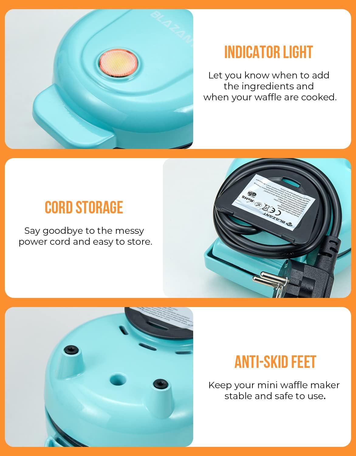 Detalle 2 de Waffle Maker Mini Small Compact Design by BLAZANT: 4-inch, 550W, Nonstick for Breakfast and Snacks