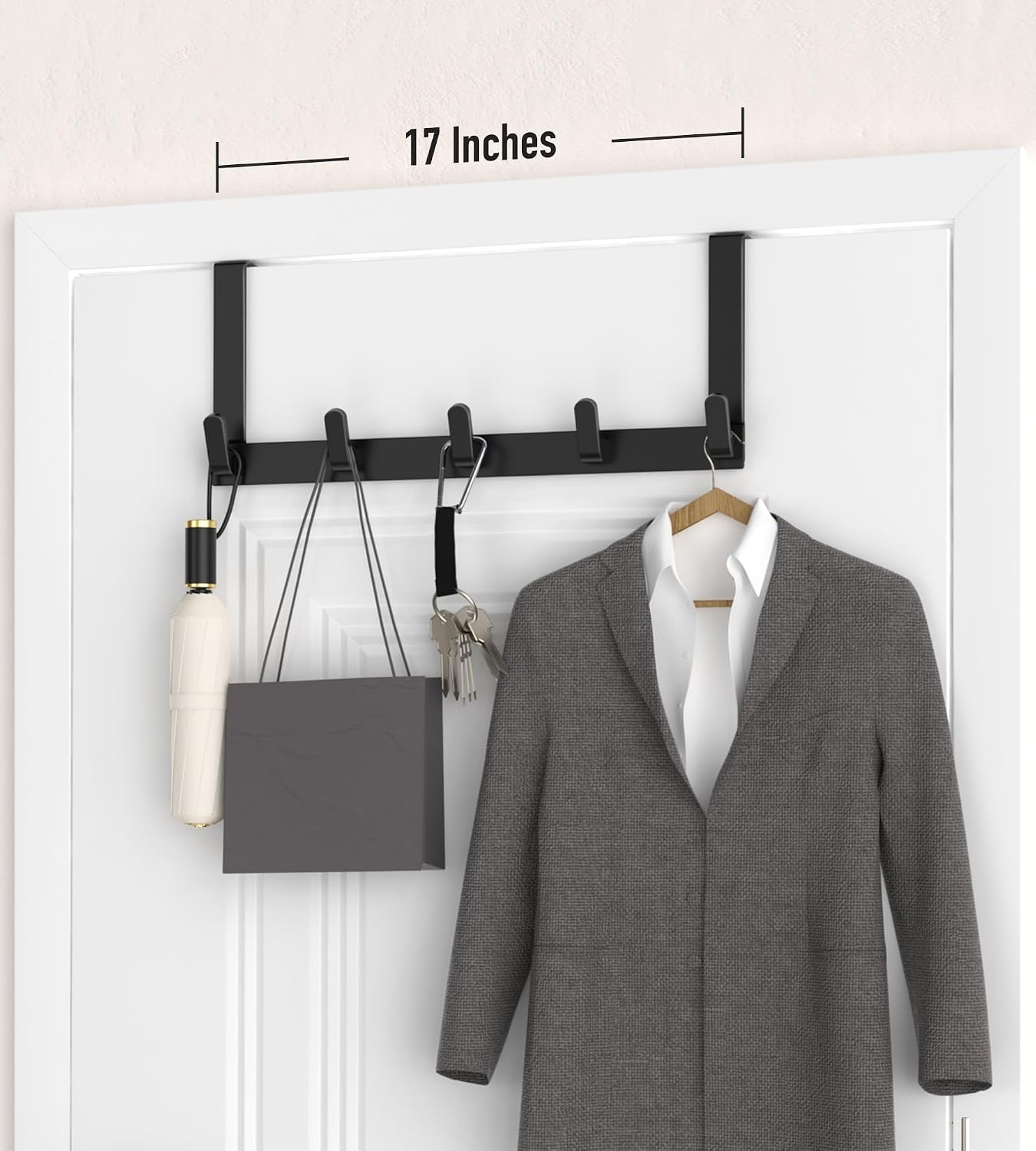 Detalle de KitchLife Coat Hooks-1 Pack Over-the-Door 5-Hook Organizer, Matte Black