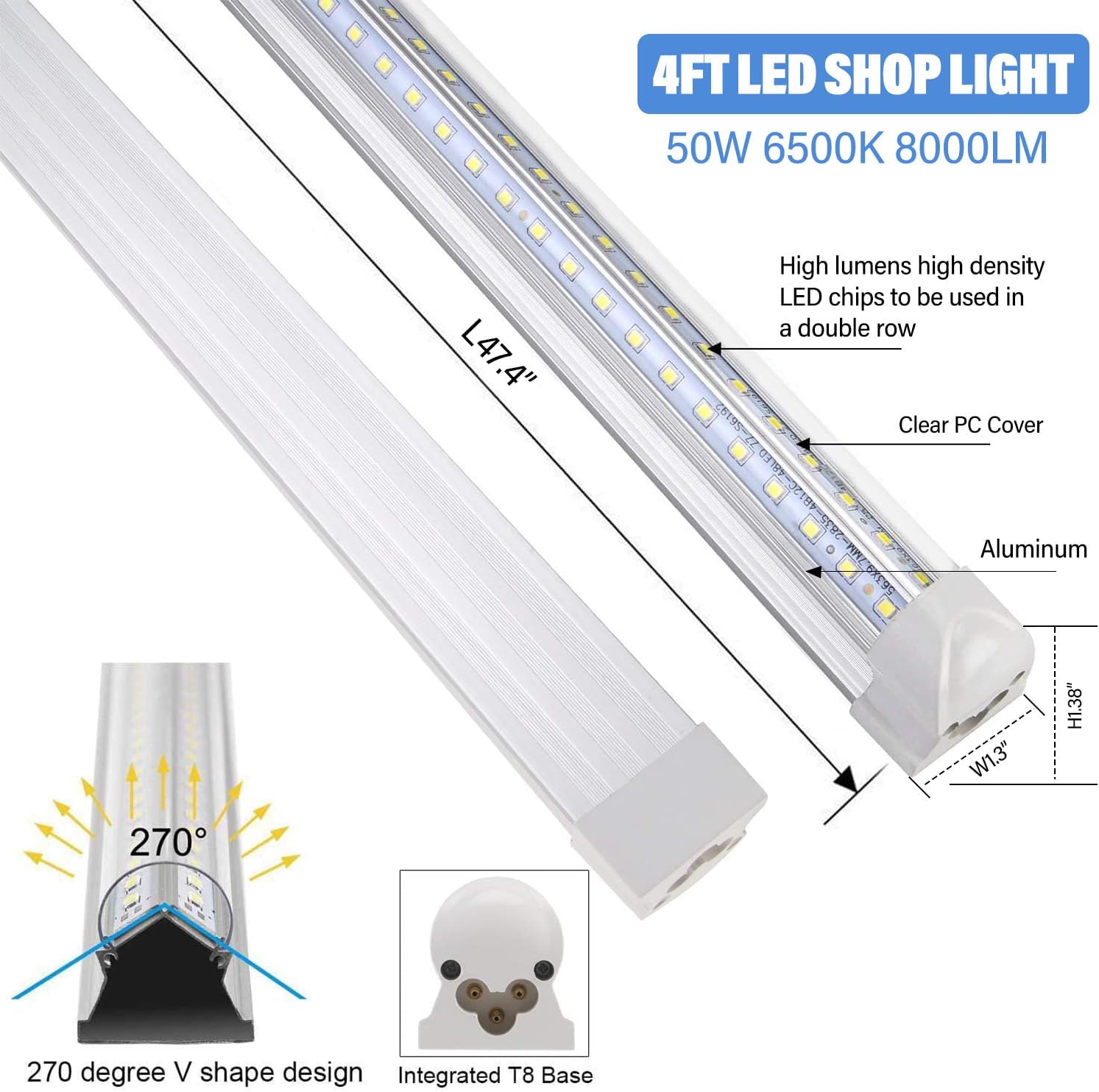 Thumbnail 1 de Henwsi 4FT LED Shop Lights, 50W, 8,000 Lumens, 6500K, Linkable, 10-Pack