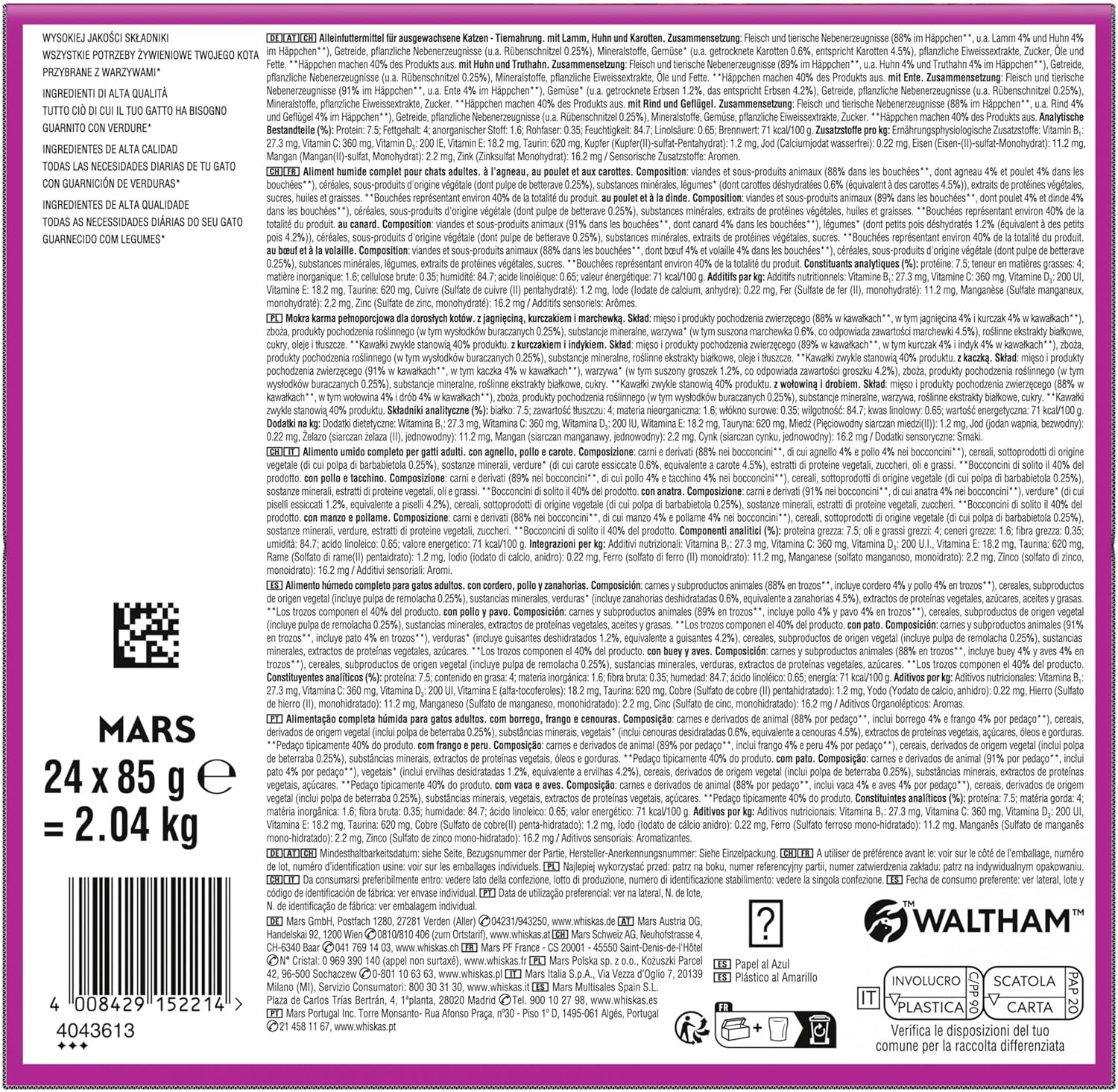 Detalle de WHISKAS Tasty Mix Aliment Humide Sauce Chat Adulte – Recette Fermière, Lot de 2 (48 Sachets)