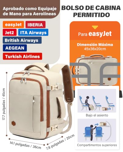 Detalle de Mochila VANKEV para cabina de avión 30L 45x36x20 - tamaño de Ryanair, 15.6 pulgadas