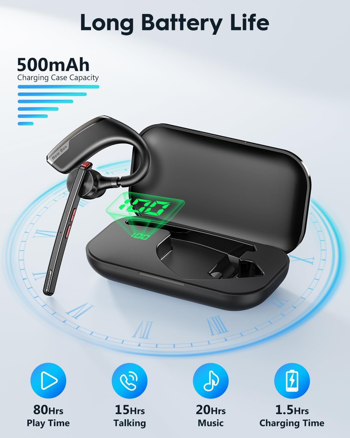 Detalle 1 de New Bee V5.2 Bluetooth-Headset 80 Std. Laufzeit