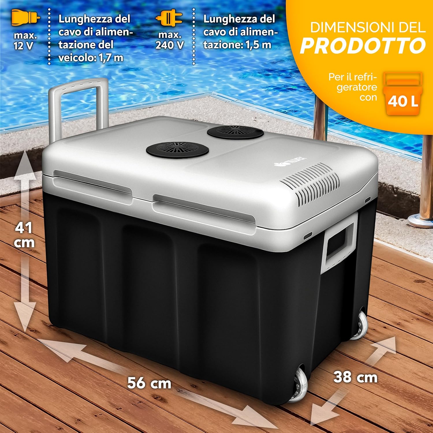 Thumbnail 3 de tillvex Frigorifero elettrico portatile da 40L con rotelle (12 V e 230–240 V) e funzioni rinfresca/riscalda