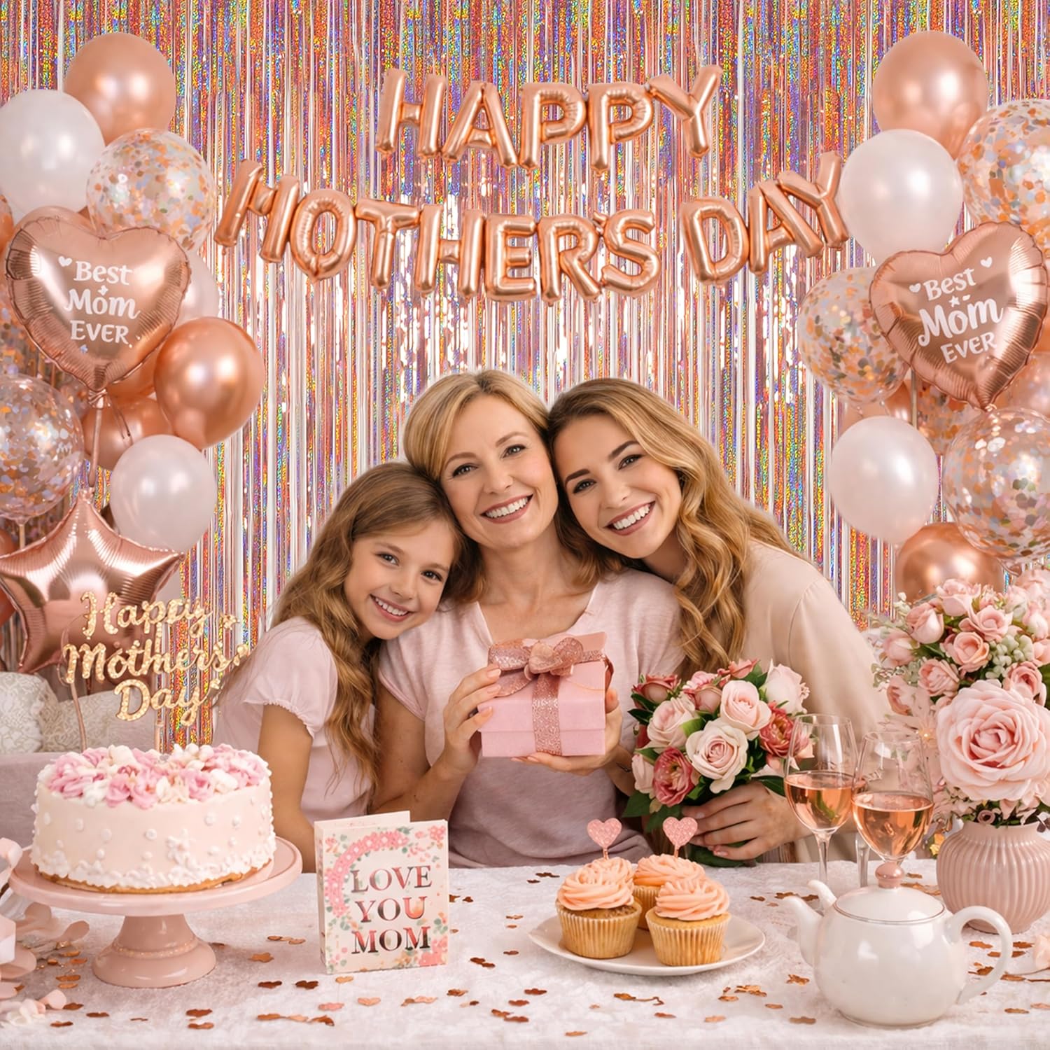 Thumbnail 1 de Melsan Rose Gold Tinsel Photo Backdrop Curtains (2-Pack) for Mother’s Day & Parties, 3.2 ft x 8.2 ft