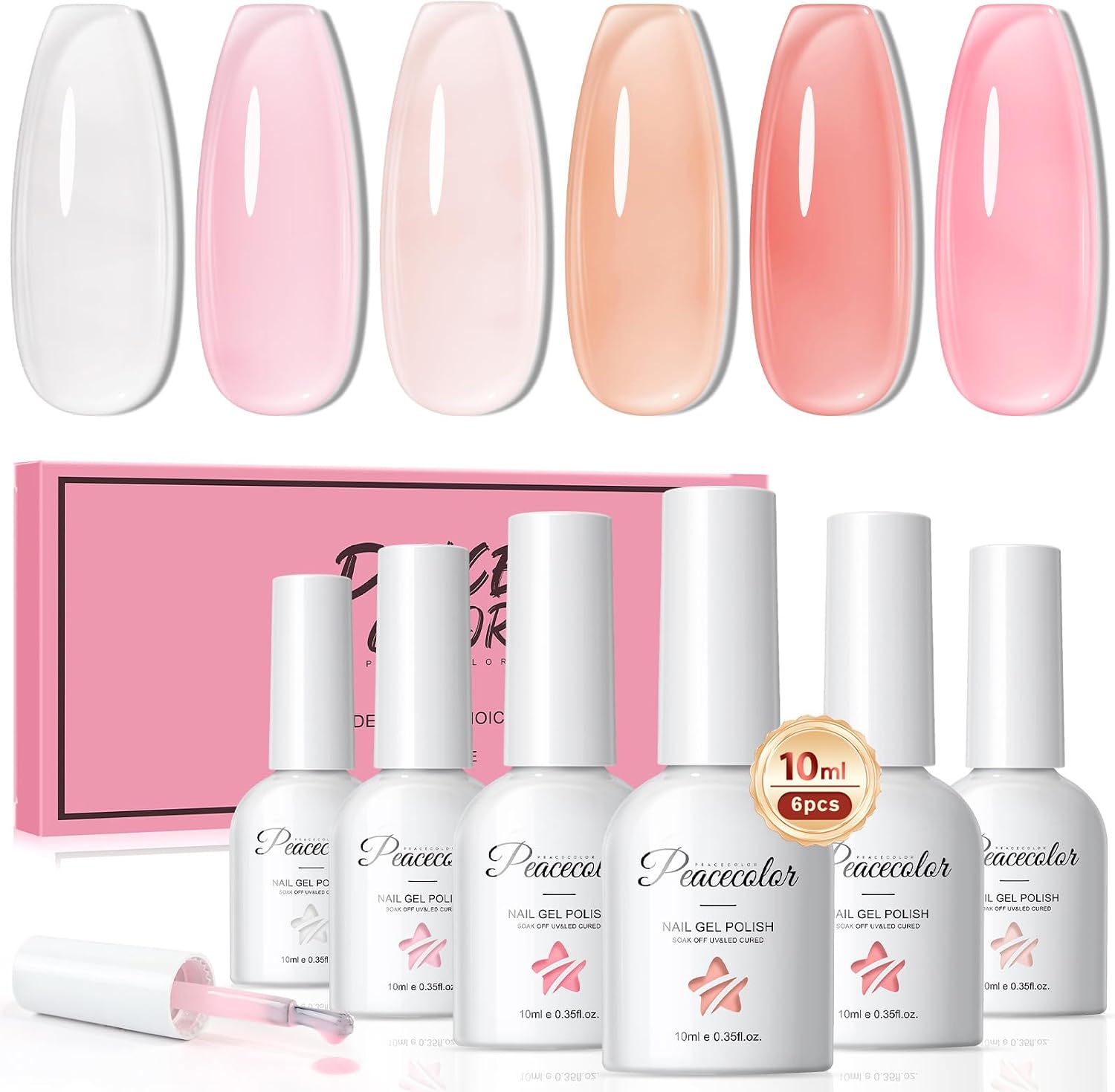Detalle de PEACECOLOR Vernis semi permanent 6 couleurs rose laiteux (transparent) à effet gelatina, UV/LED, 10 ml