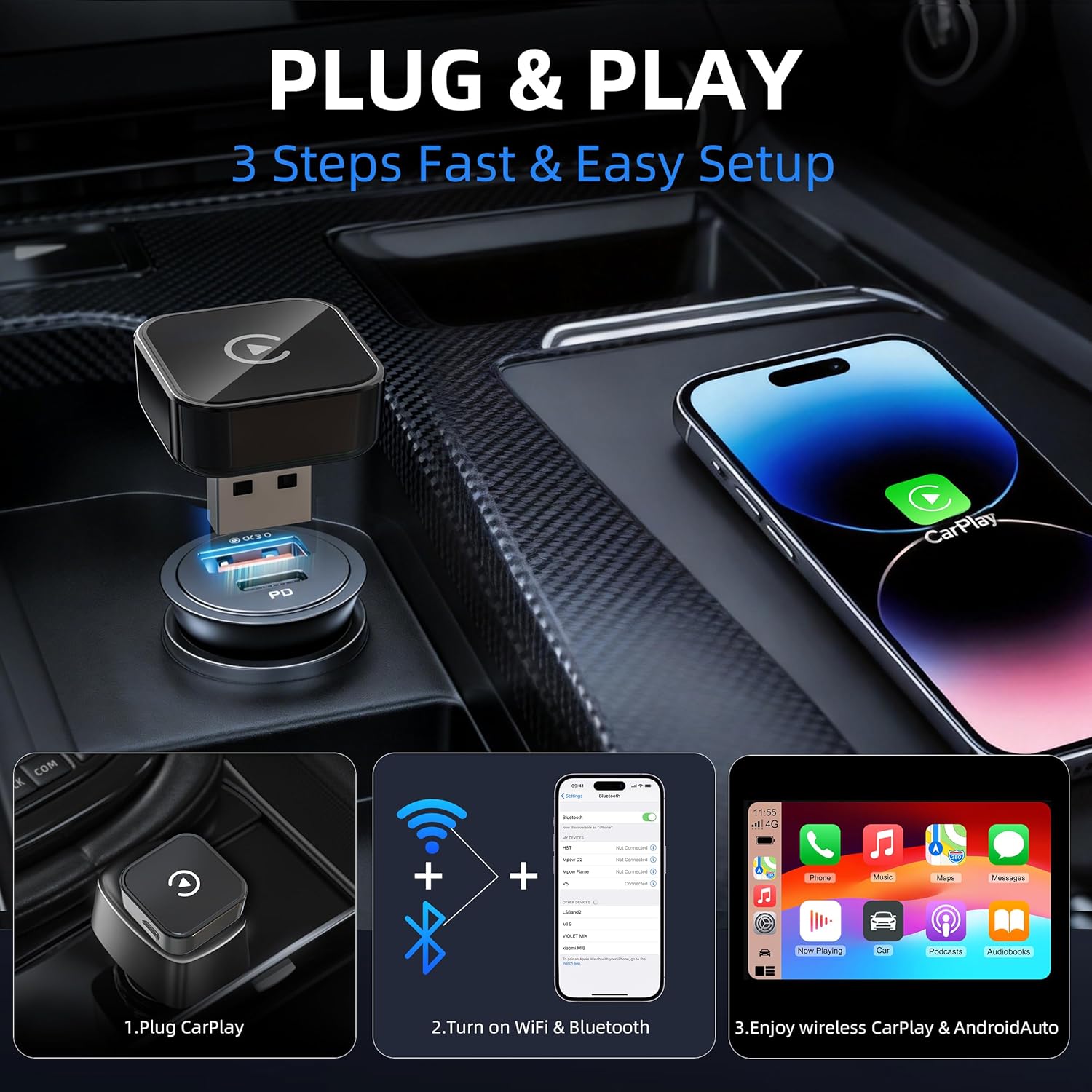 Detalle 2 de Jyveejxon Wireless CarPlay & Android Auto Adapter UK (2026 Upgraded) – 2 Phones, 2 in 1 Plug & Play