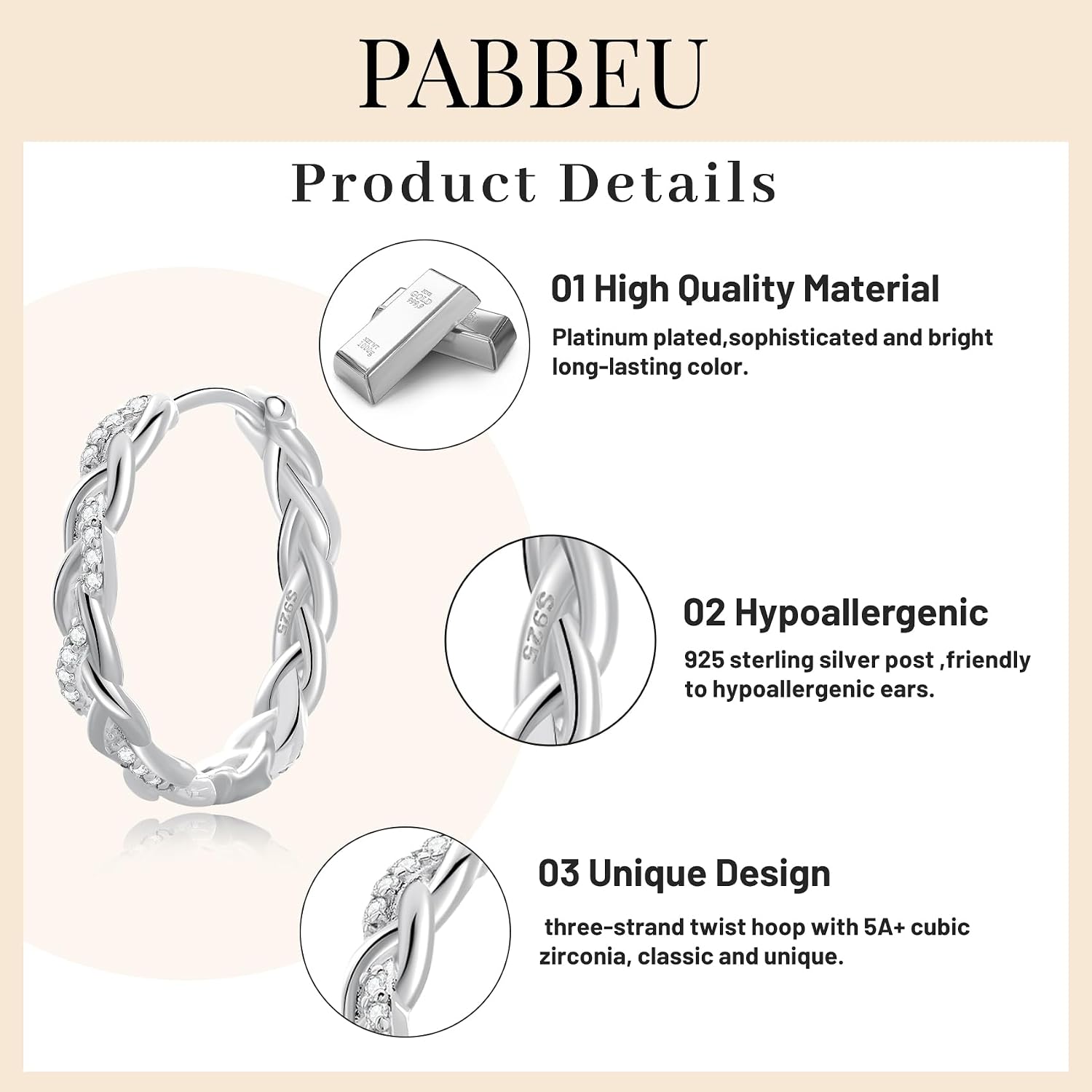 Detalle de PABBEU S925 Sterling Silver Twisted Hoop Earrings for Women