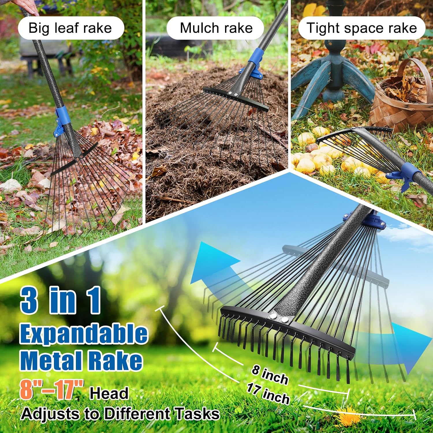 Detalle de DEROFIT 18chiSSLYP-SLS-5jie Garden Rake, 67-Inch Metal Handle, Expandable Head