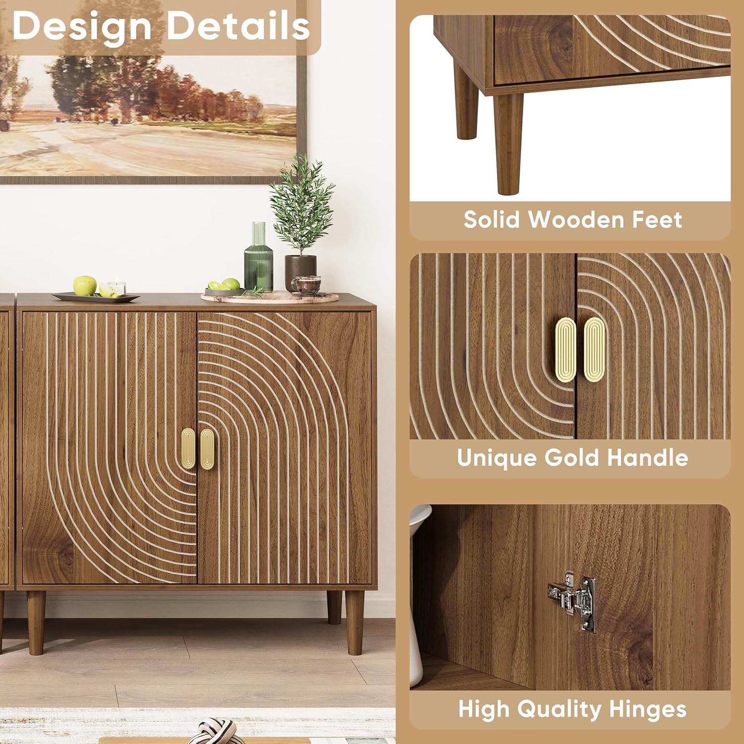 Detalle 2 de Smuxee sideboard walnut buffet cabinet with adjustable shelf and grooved doors