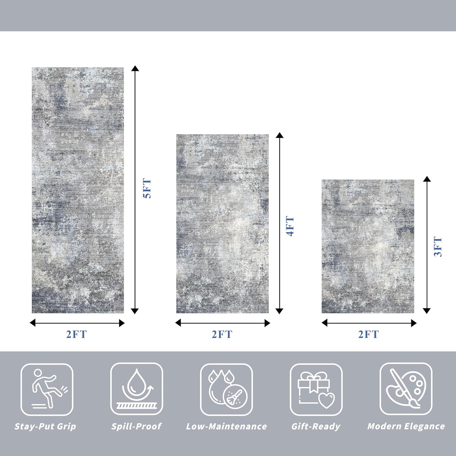 Thumbnail 1 de Kitchen Rug Set 3 Piece (Blue Grey) – Washable Non Slip Runner and Mat Set for Entryway, Bathroom, Hallway