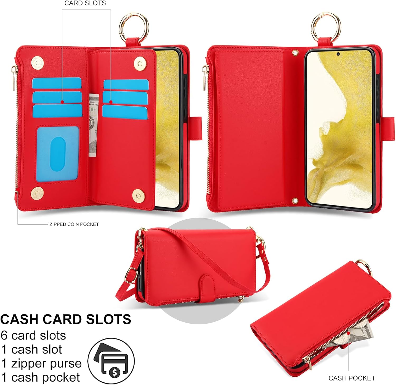 Detalle de Asuwish Zip Wallet Case with Tempered Glass for Samsung Galaxy S22 5G (6.1") / RFID Blocking