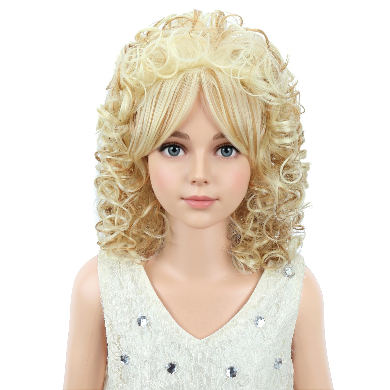 Detalle 2 de PATTNIUM Ash Blonde Curly Wig with Bangs for Kids, 14-Inch Synthetic Hair