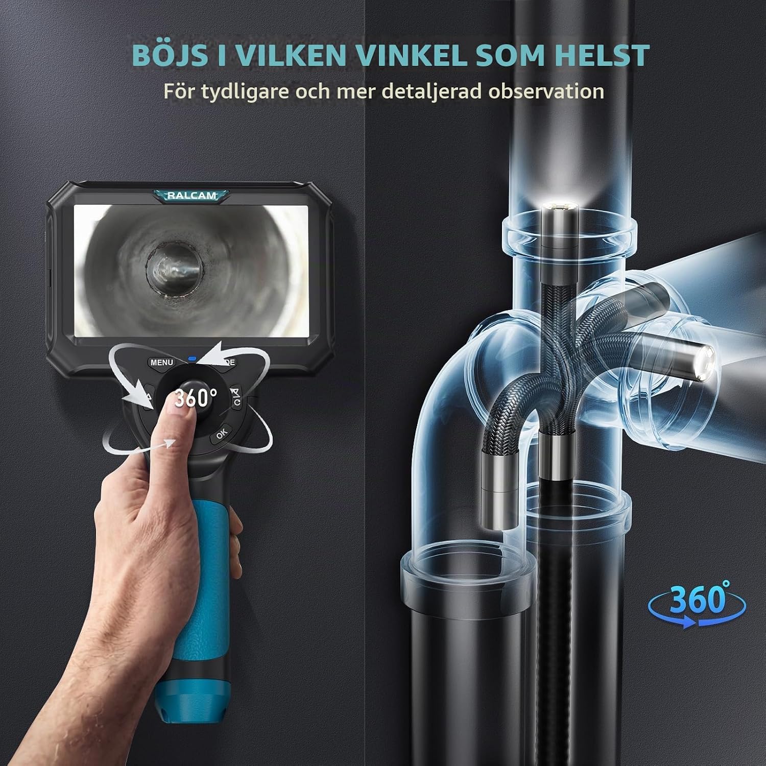 Detalle de Ralcam M606X-S1M endoskopkamera med 360°-sond, 5-tumsskärm och IP67