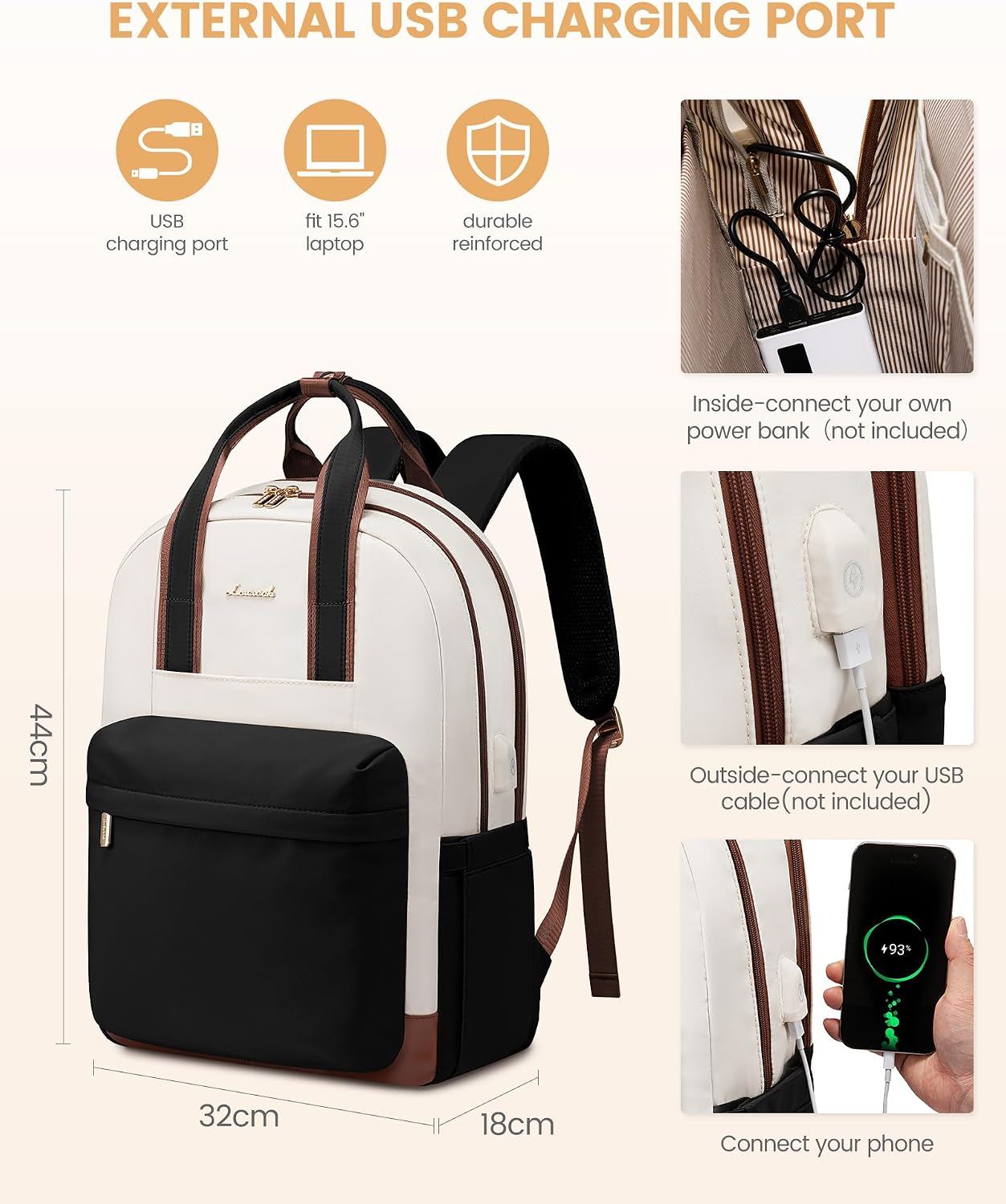 Thumbnail 4 de LOVEVOOK Rucksack Damen mit Laptopfach für 15,6 Zoll (44 x 32 x 18 cm, wasserdicht, USB) – ideal für Schule, Büro & Reise