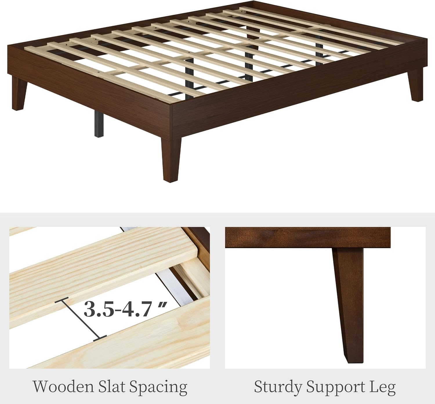 Thumbnail 6 de Yaheetech YT-00145039-001 Queen Bed Frame, Dark Walnut Wood Slats