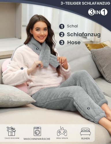 Detalle de TOMEEK Damen Schlafanzug Set Winter Kuscheliger Polar Fleece – 3-teilig, Grau, Größe M