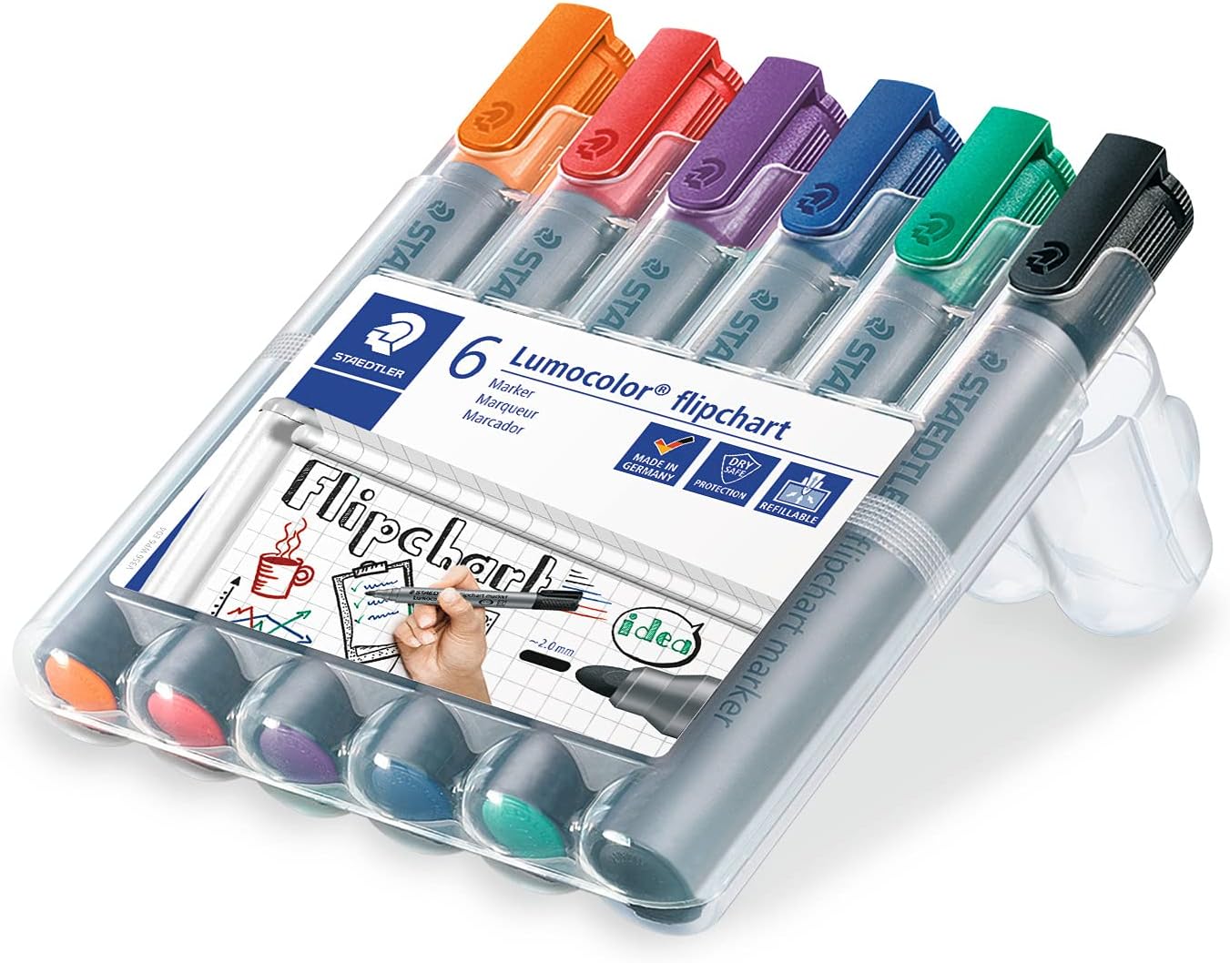 Detalle de STAEDTLER Flipchart Marker Lumocolor – Rundspitze 2 mm, Set 6 Farben, nachfüllbar, Dry Safe