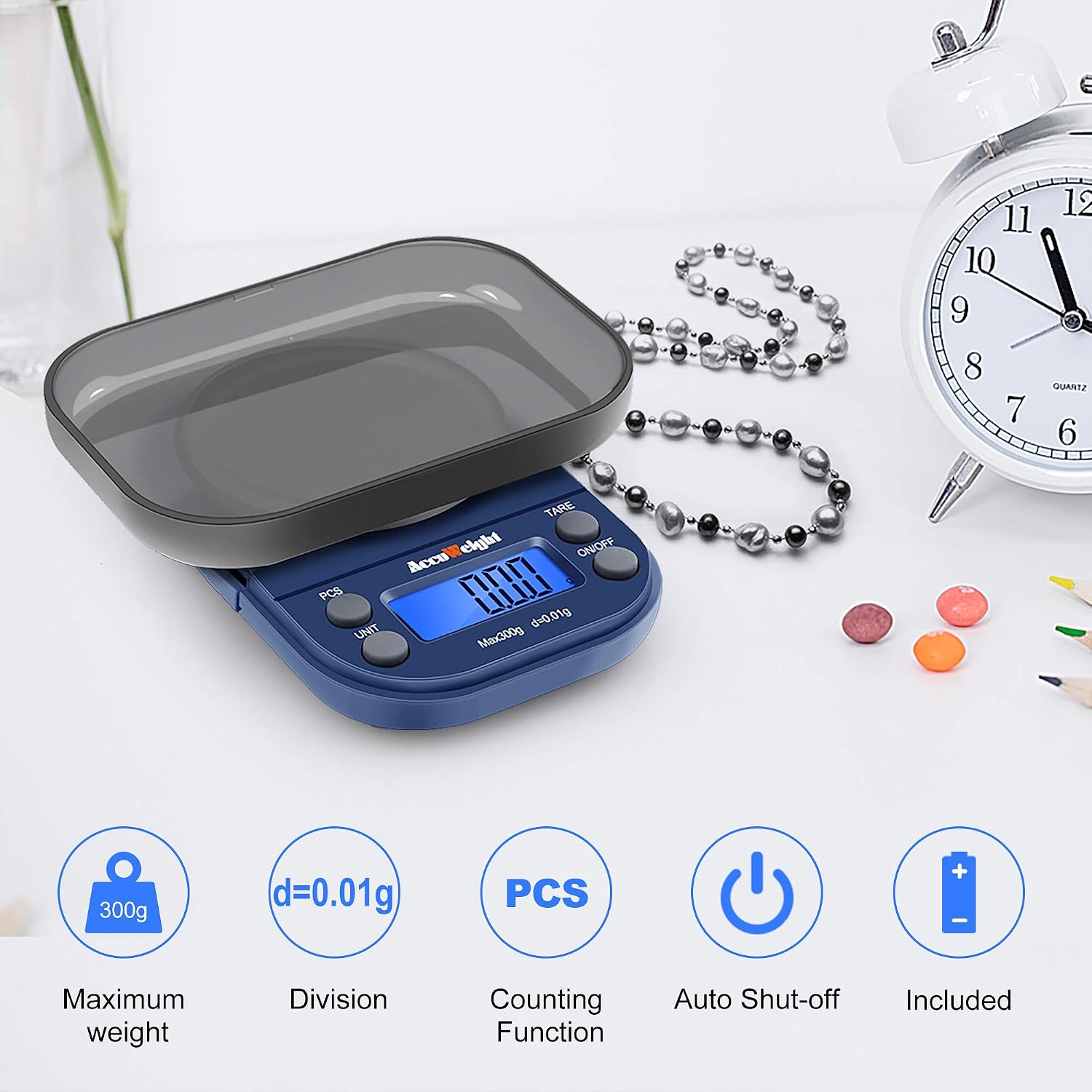 Detalle de ACCUWEIGHT 300/0,01 g Feinwaage mit Zählfunktion – Präzisions-Taschenwaage für Schmuck, Gewürze & mehr