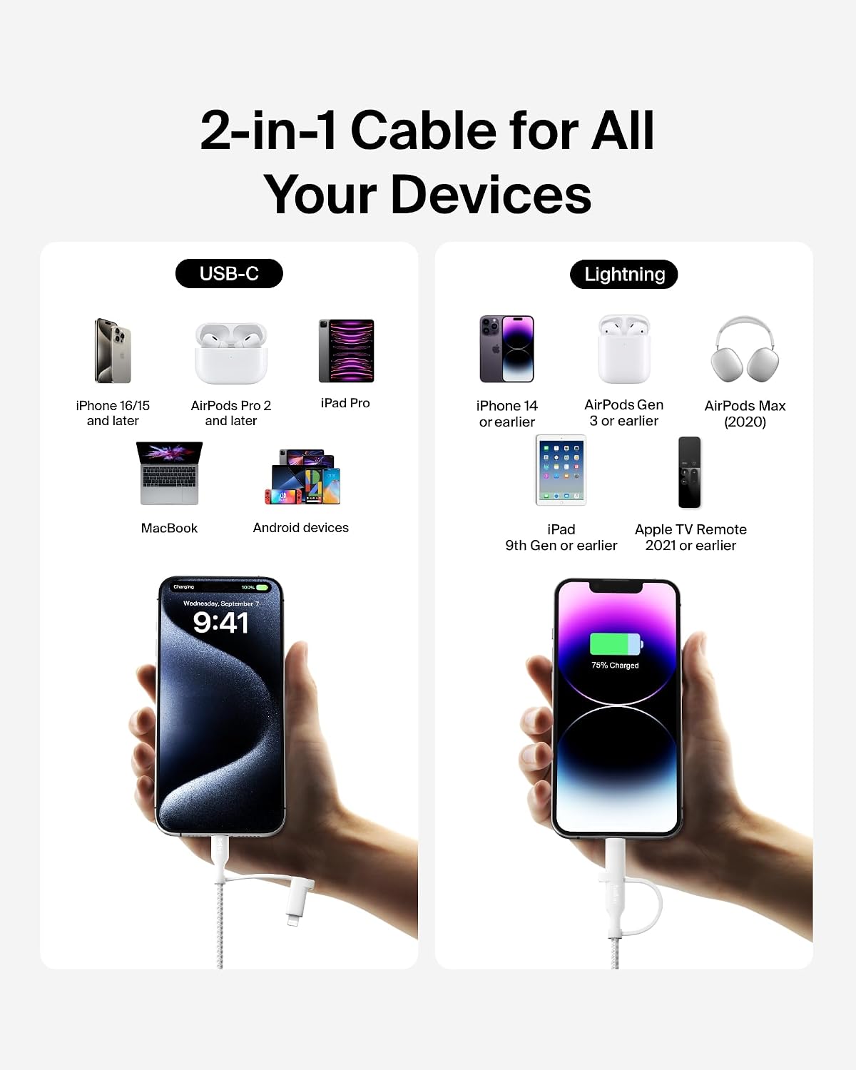 Detalle de Belkin 2-in-1 USB-C & Lightning Braided Fast-Charging Cable (White)