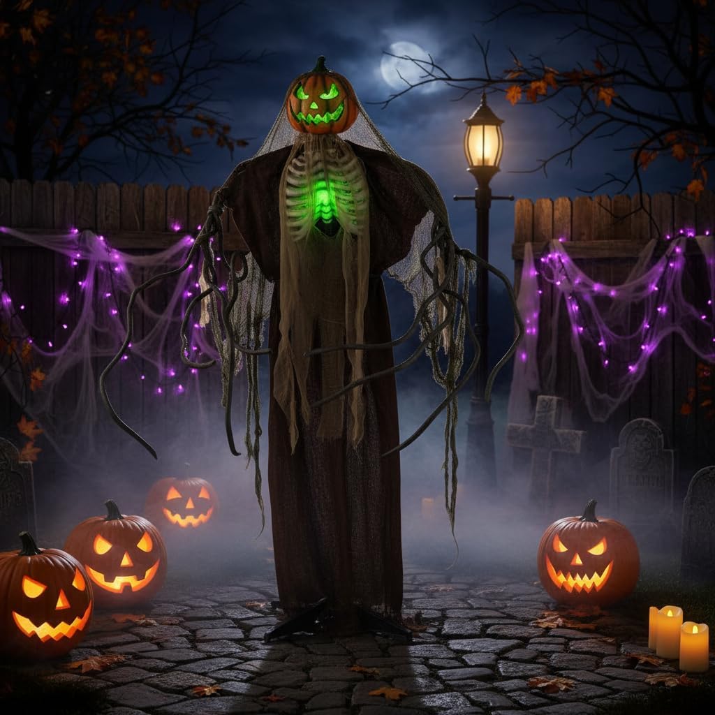 Detalle 2 de Tangkula AM14282HM 6-Foot Halloween Animatronic Pumpkin Scarecrow with Sound and Lights