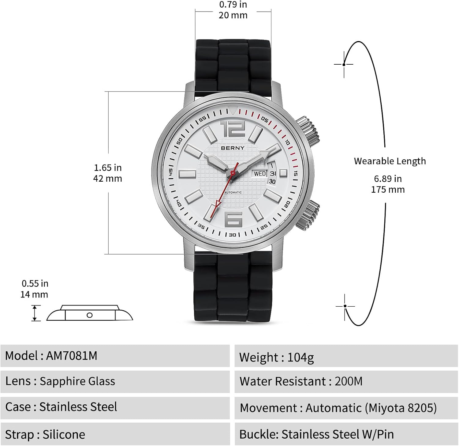 Thumbnail 5 de BERNY automatische mechanische Taucheruhr für Herren (Miyota 8205, 20 ATM, Saphirglas, Silikonarmband)