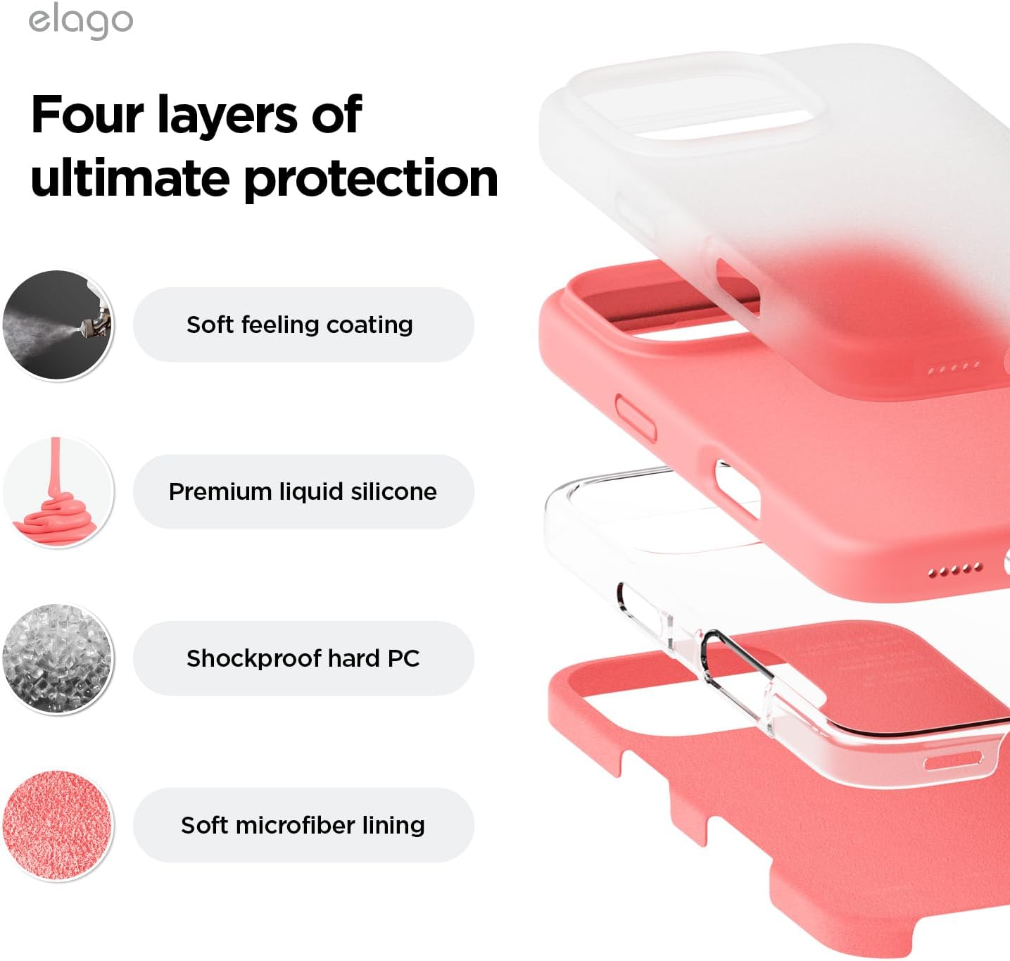 Detalle de elago iPhone 16 Pro Liquid Silicone Case (Full Body, Shockproof) – Pink, 6.3 inch