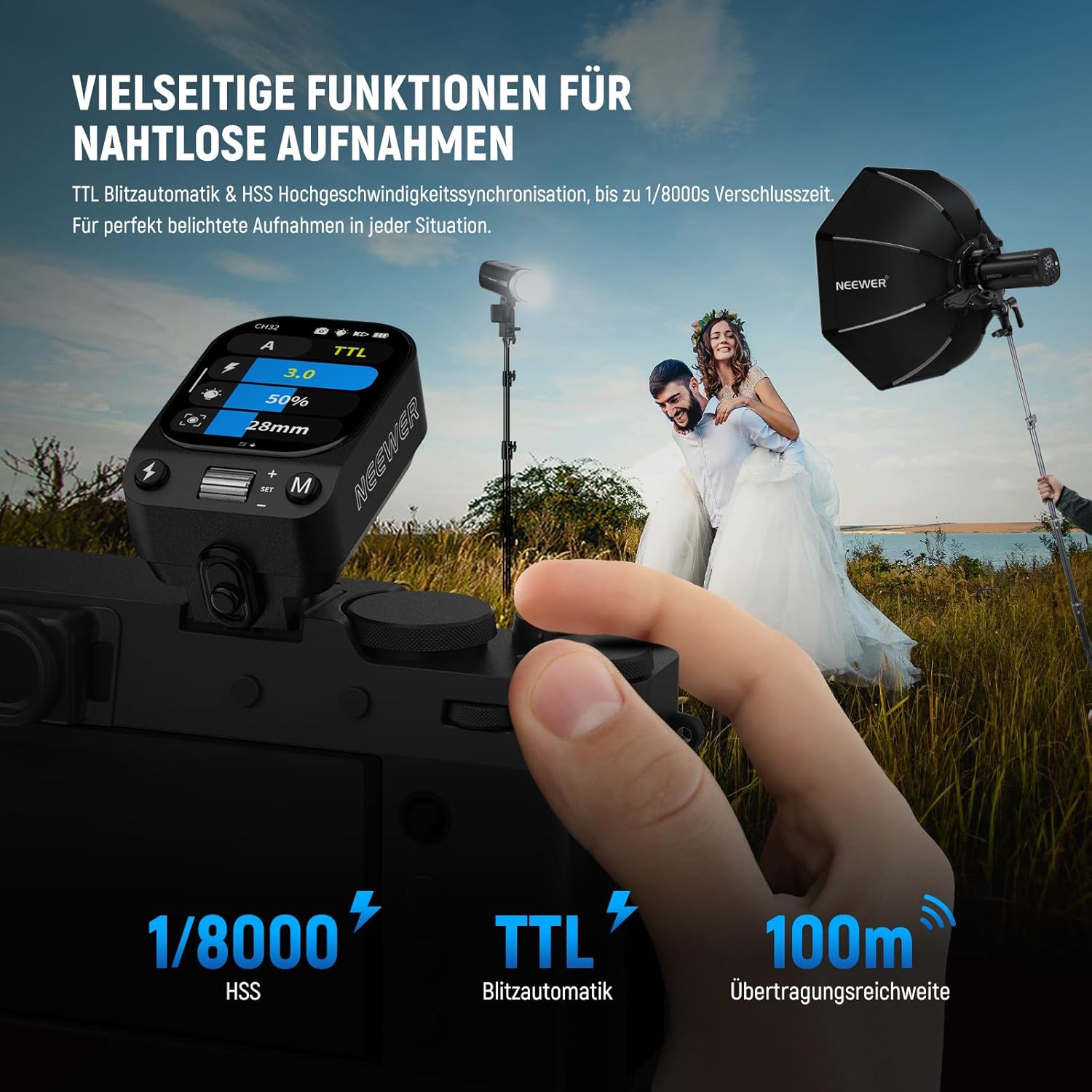 Detalle de NEEWER QZ-F TTL Funk-Blitzauslöser für Fujifilm Kameras – OLED Touch, HSS 1/8000s, 1000mAh Akku