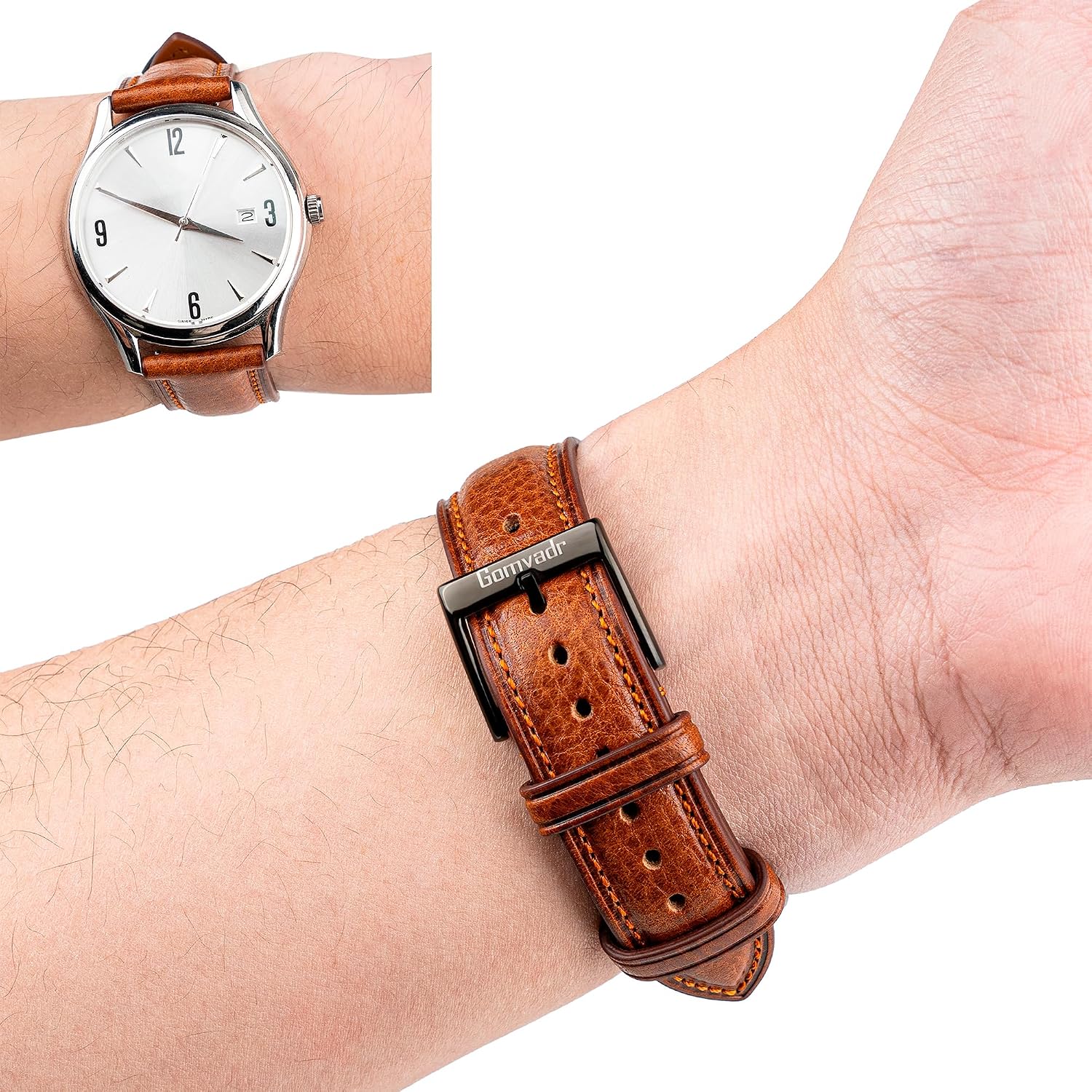Detalle de Gomvadr Leder Uhrenarmband (pflanzlich gegerbtes Rindsleder) mit Schnellspanner – Ersatzband in 20 mm bis 22 mm XL/XXL