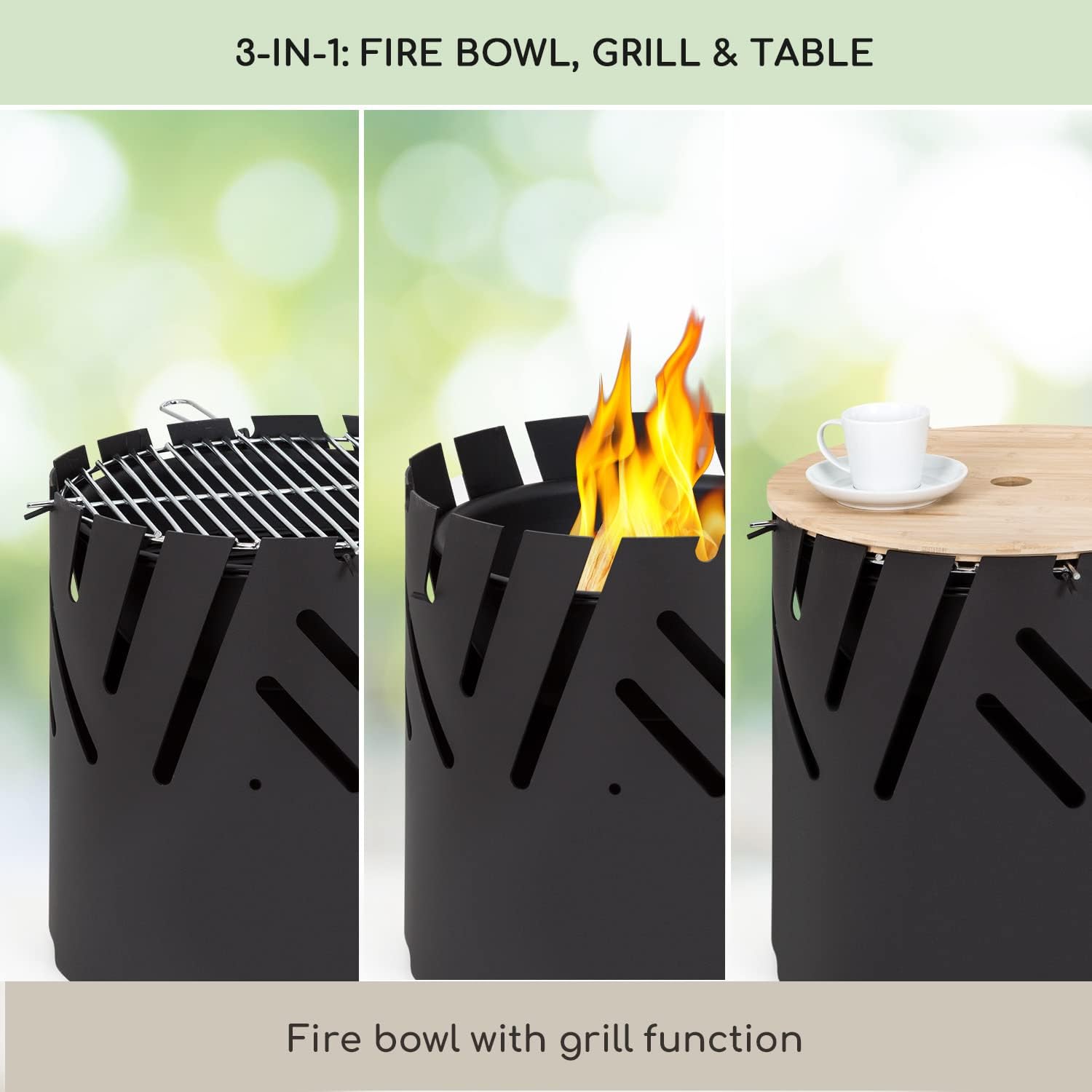 Thumbnail 1 de blumfeldt Crown GDI11-Crown-BK Steel Fire Bowl with Grill and Bamboo Lid