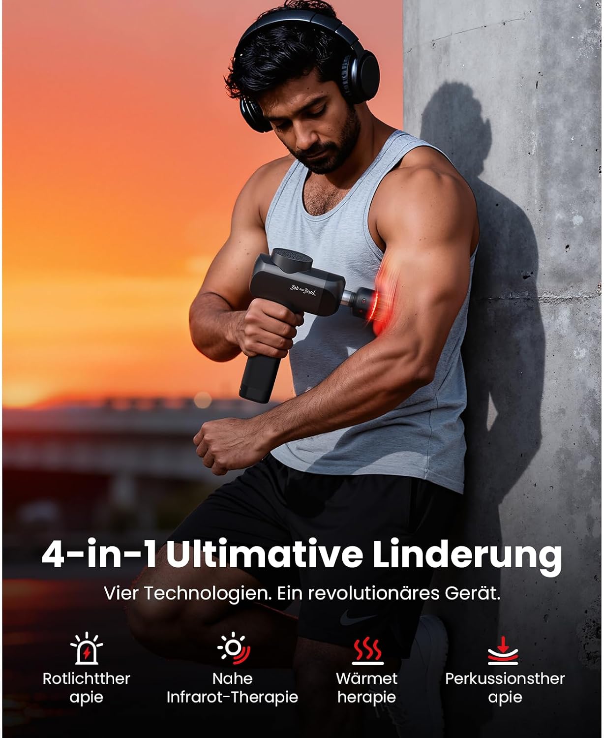 Detalle de BOB AND BRAD X6 Ultra Massagepistole mit Infrarotlicht & Wärme – Profi Tiefengewebe-Muskelmassagegerät mit Titan-Kopf und 6 Aufsätzen