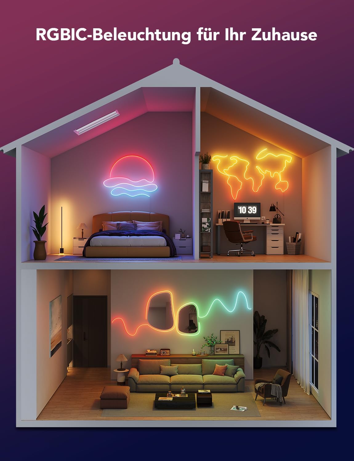 Detalle de Govee Neon Rope Light 2 – RGBIC Neon LED Strip 5 m mit Shape Mapping, kompatibel mit Matter, Alexa & Google Assistant