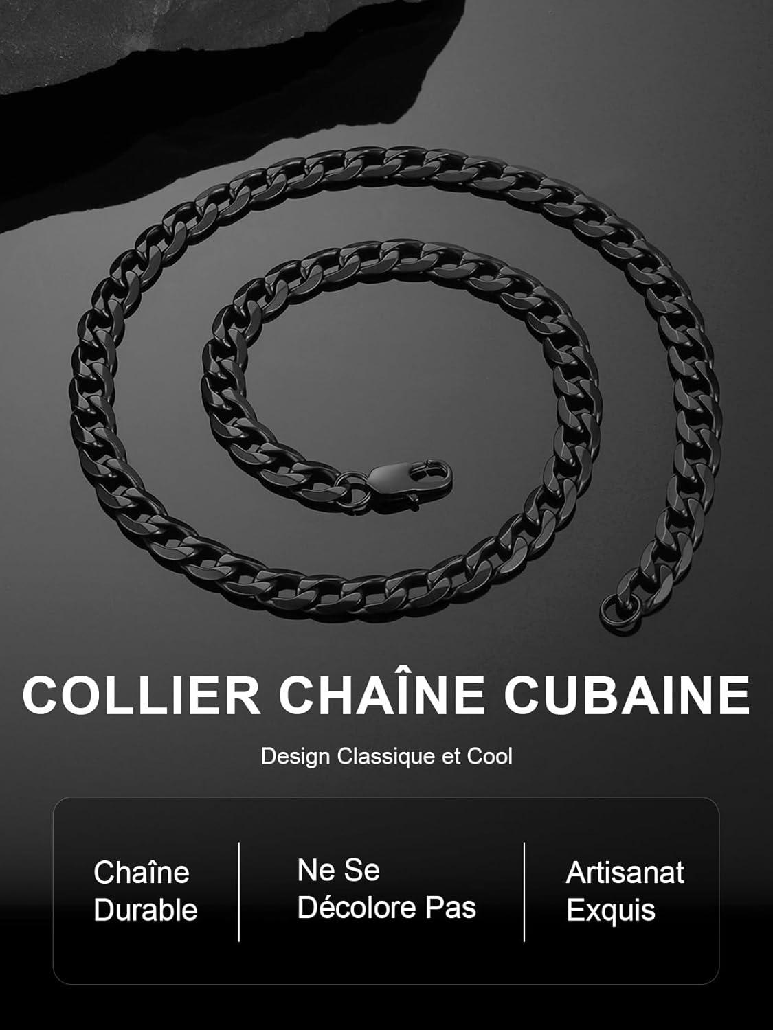 Thumbnail 4 de ChainsPro Chaîne cubaine en acier inoxydable 316L (4/6/9/13 mm) Argent/Noir/Or – collier hip-hop homme, coffret cadeau
