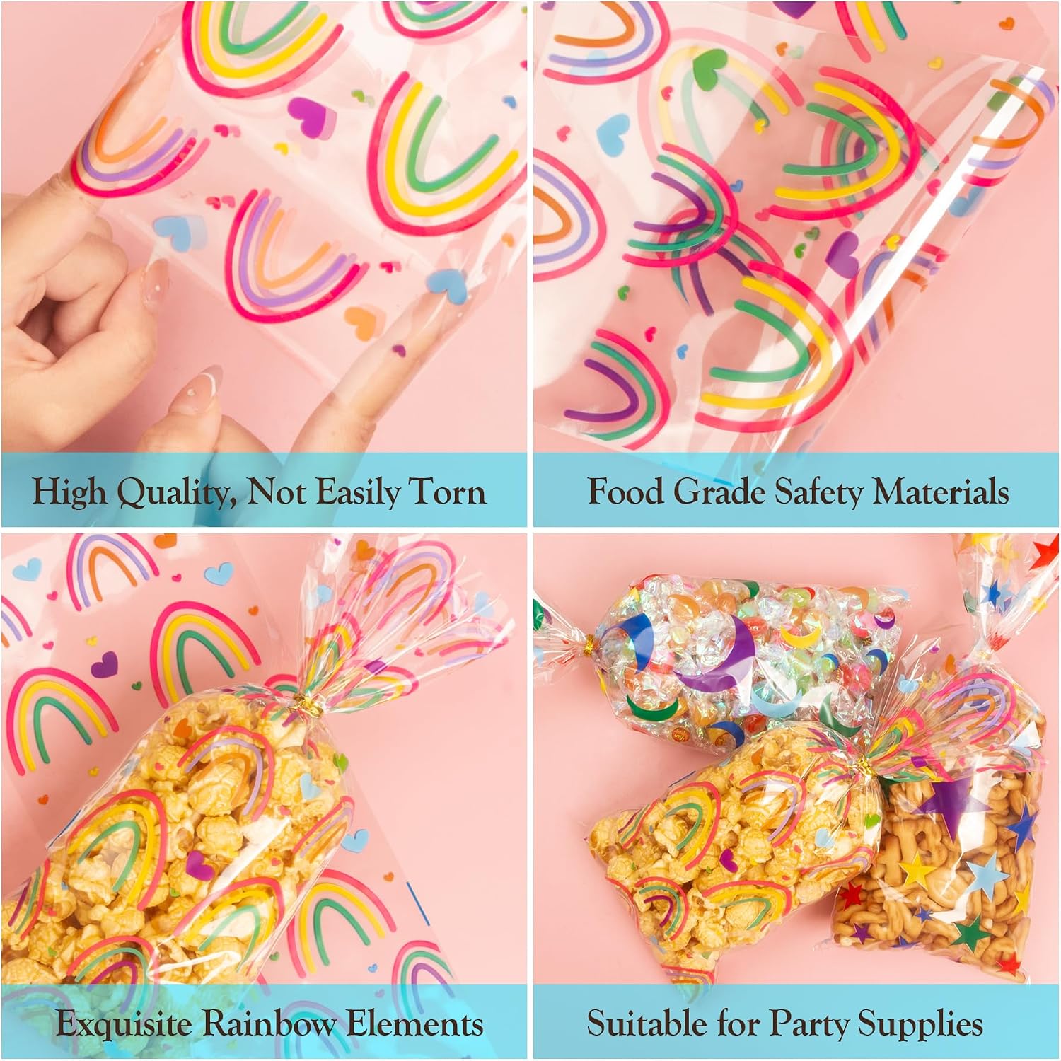 Detalle 2 de 100 Pcs Cellophane Treat Bags Rainbow Stars and Dots ⌛🎉