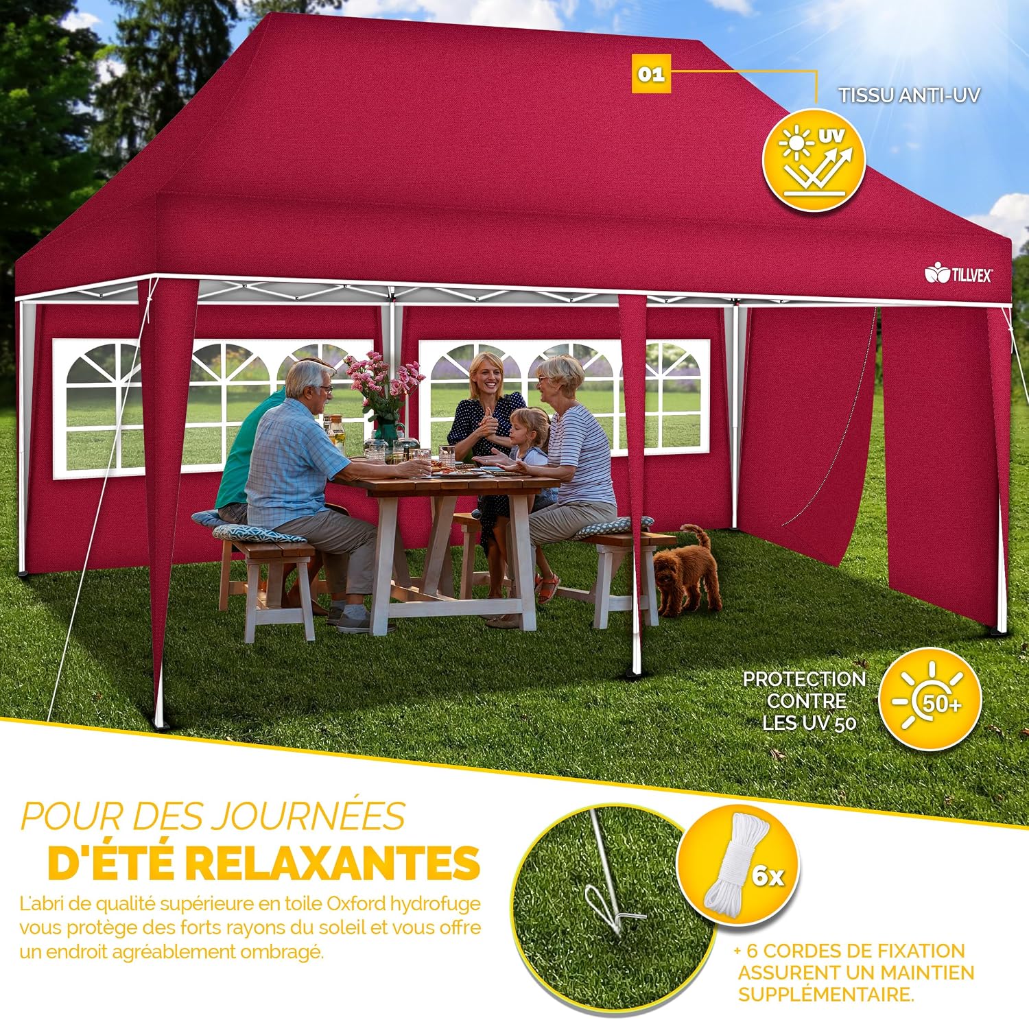 Detalle de Tonnelle de jardin pop-up tillvex 3 x 6 m rouge, protection UV 50+ réglable en hauteur