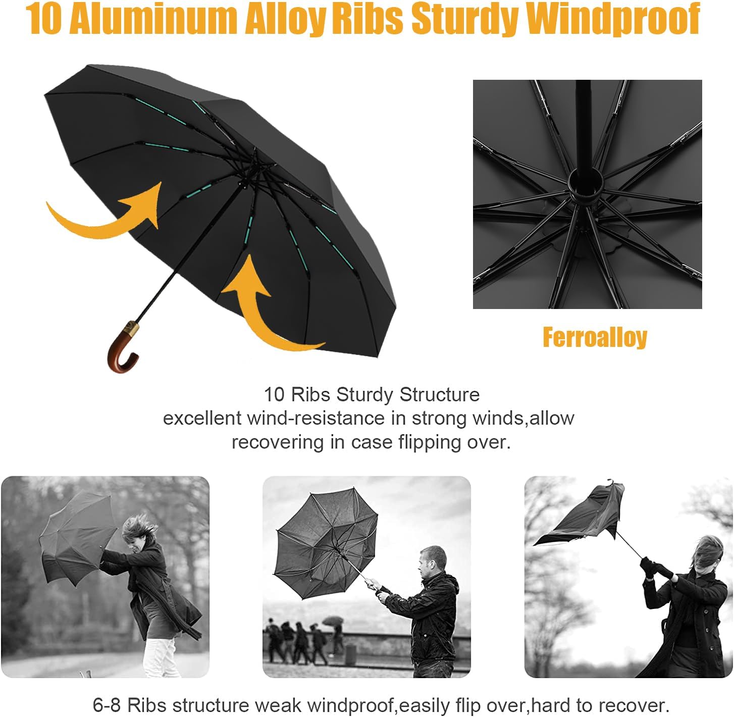 Thumbnail 2 de Luxurious Travel Folding Umbrella with Crook Real Wood J-Handle