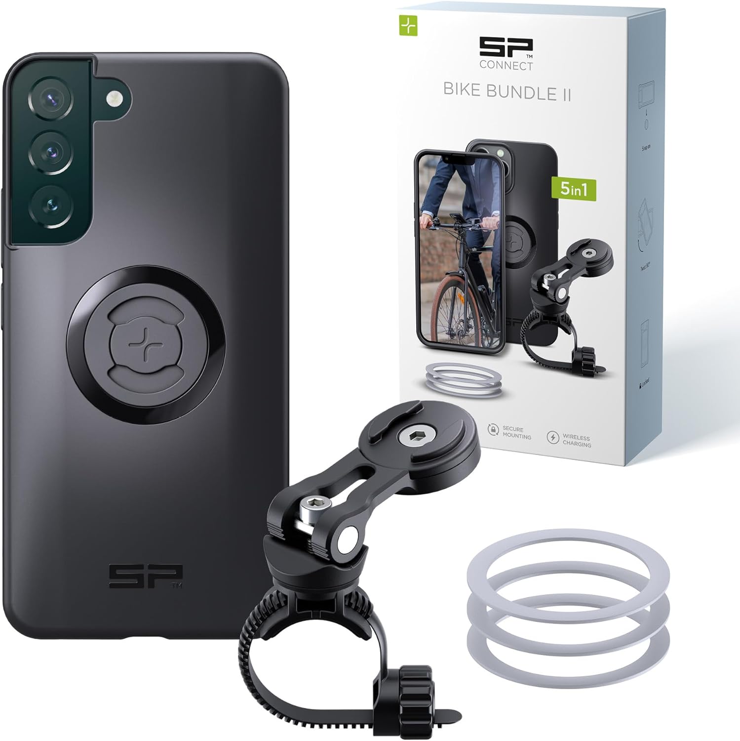 Detalle de SP CONNECT Support Bike Bundle II SPC+ pour Samsung S22+ : montage guidon 22–42 mm, sécurité et modularité