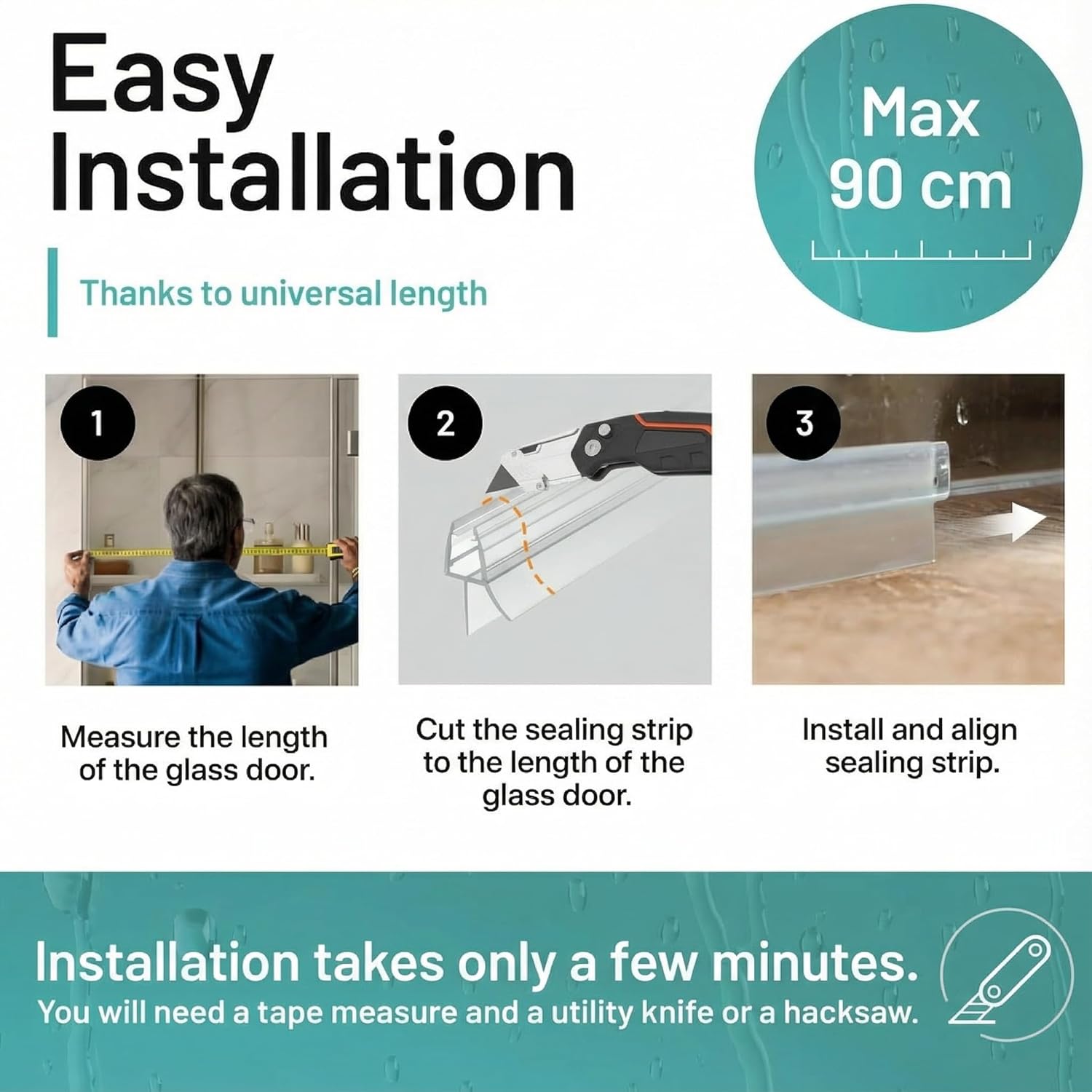 Detalle de Vellure Curved Shower Screen Seal Strip – Premium Bottom Seal for 6 mm Glass (±1 mm), Up to 12 mm Gap, Universal up to 90 cm