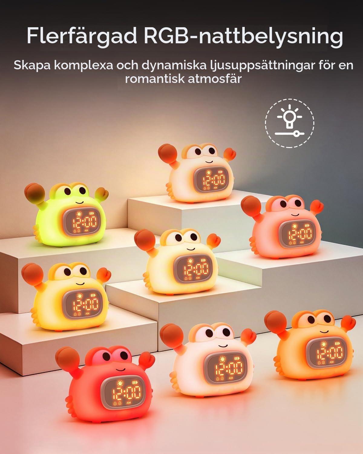 Detalle de ORIA UF212 väckarklocka för barn med nattlampa, krabbform och dubbla alarm