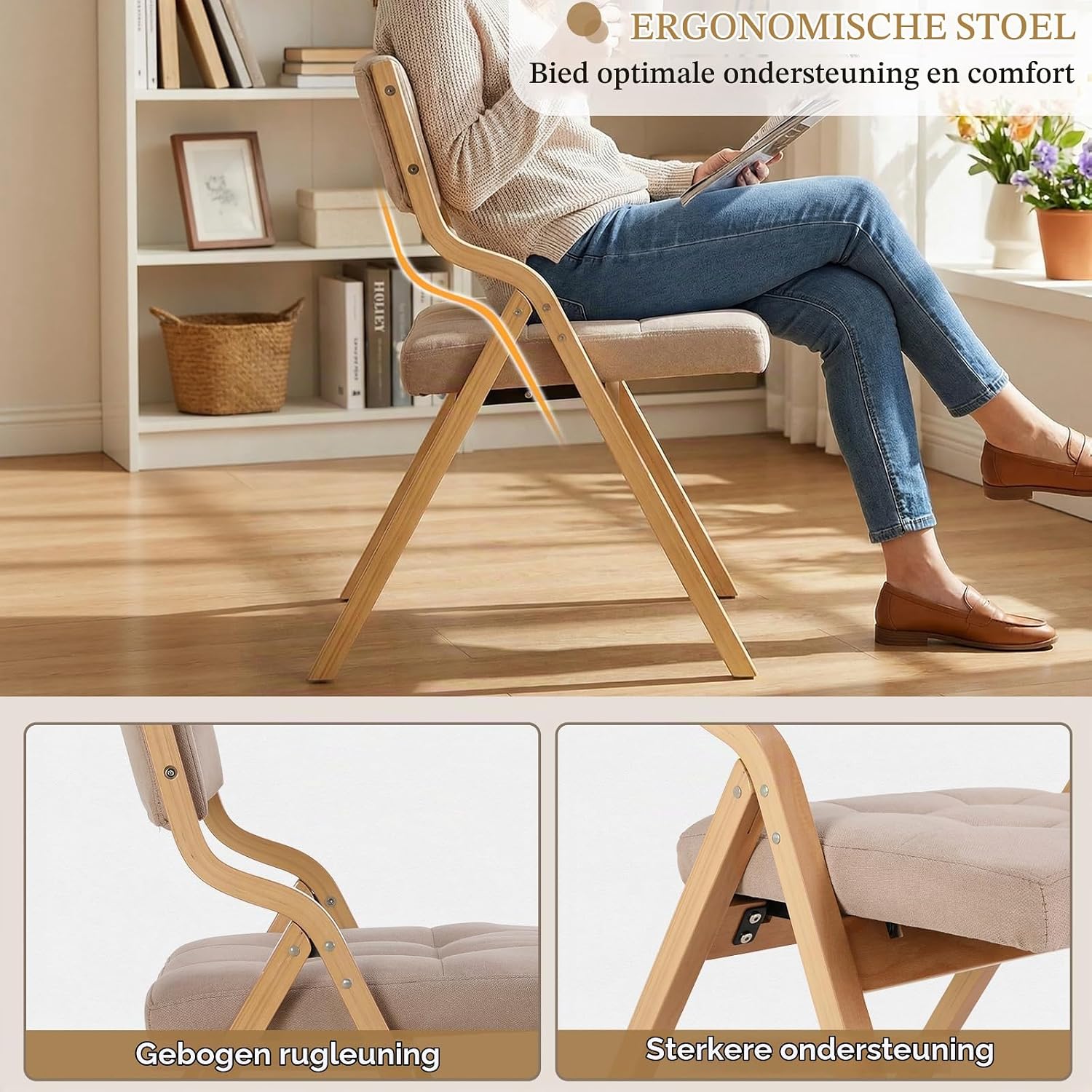 Detalle 1 de Clevich LJ-881 gevoerde houten klapstoelen, set van 4, beige