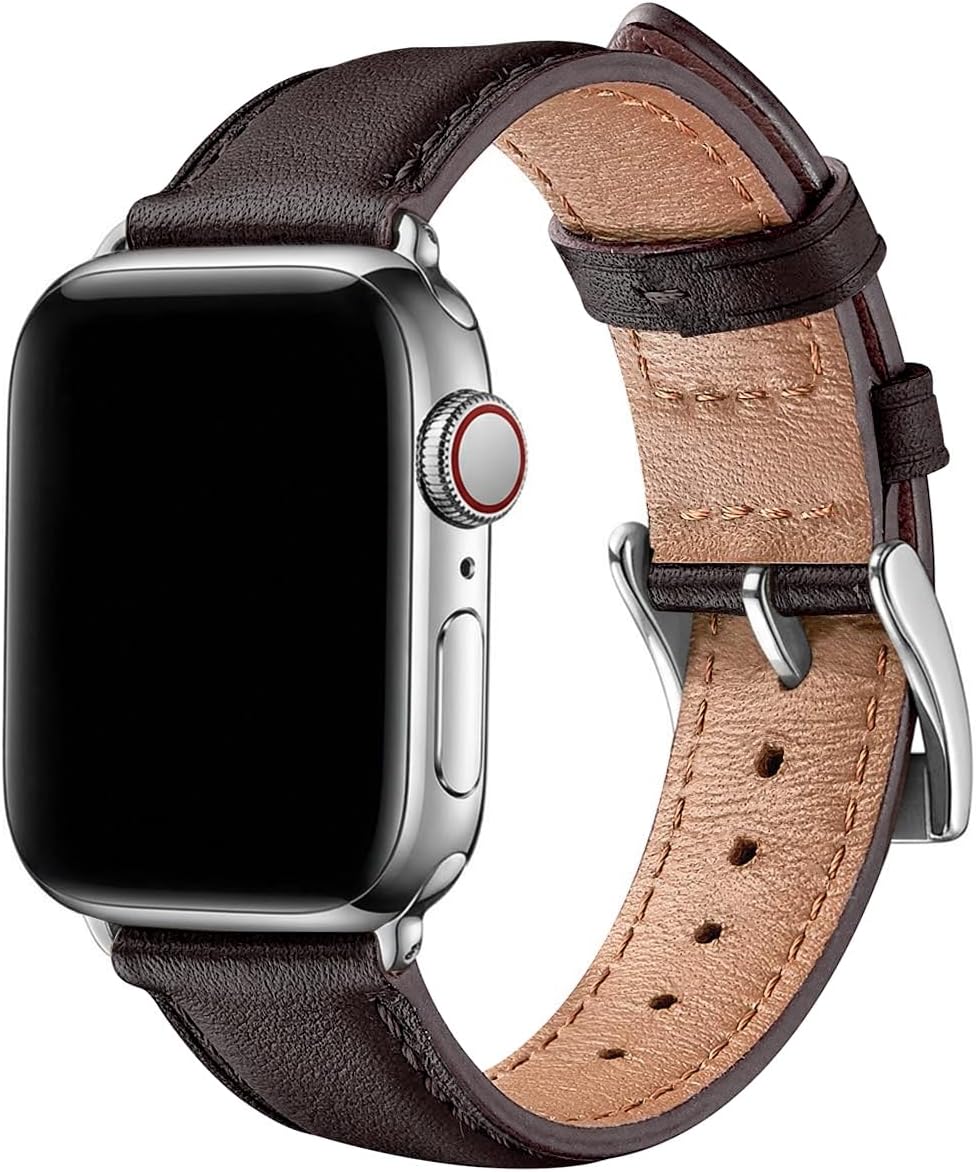 Detalle de SUNFWR Leather Straps for Apple Watch (38–42mm) – Coffee/Silver, fits Series 11 to SE
