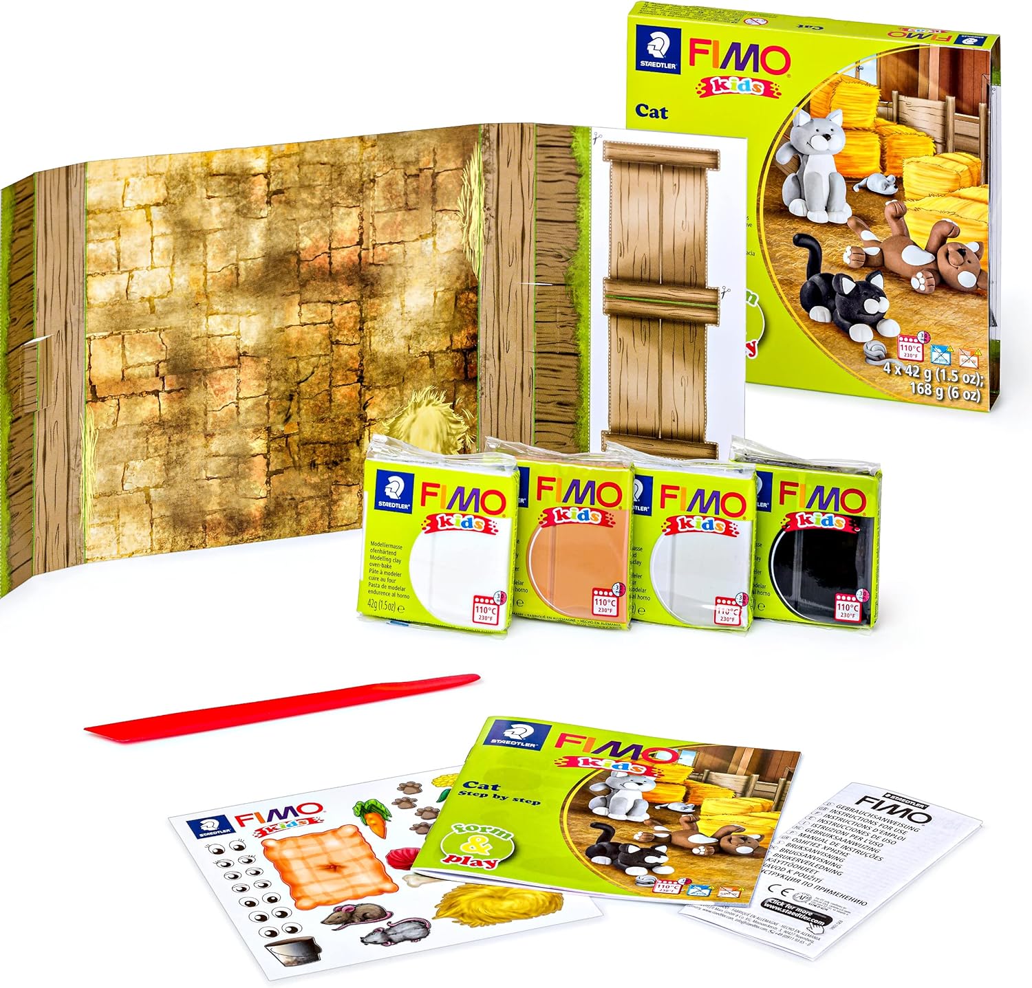 Detalle de STAEDTLER 8034 16 LZ FIMO Kids Form&Play – Jeu de pâte polymère pour enfants (lot de 4 blocs, autocollants, outils, arrière-plan)