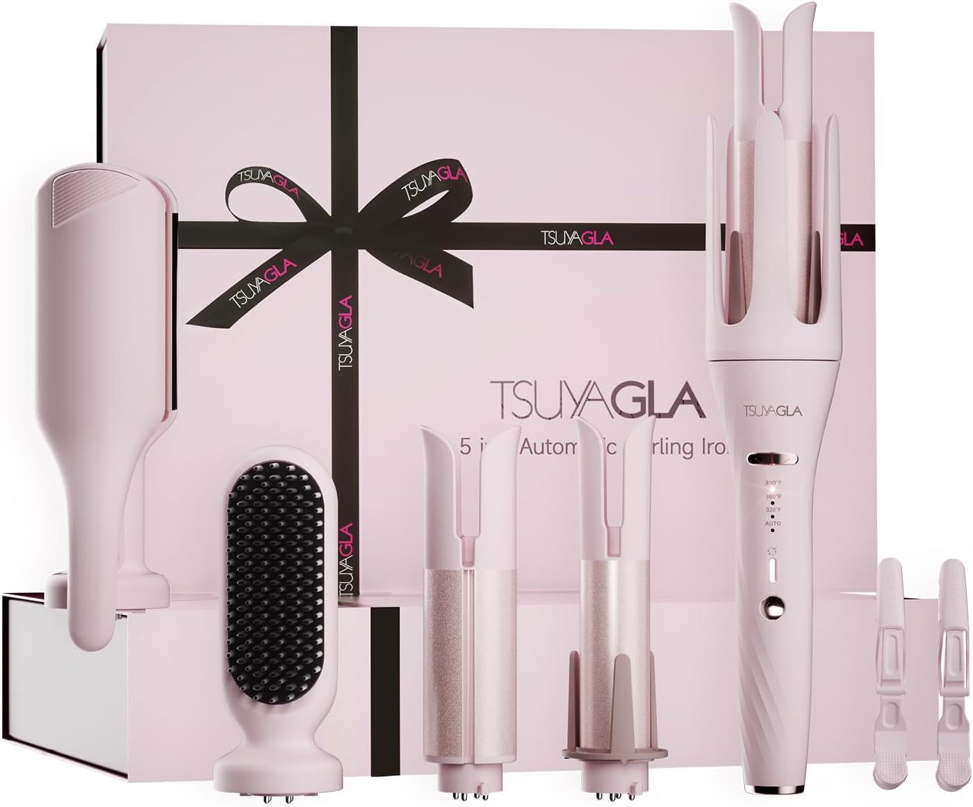 Detalle de 5 in 1 Auto Curling Iron Set with Interchangeable Barrels – 1", 1.25", 1.5" Wand, Crimper & Straightening Brush (Pink)