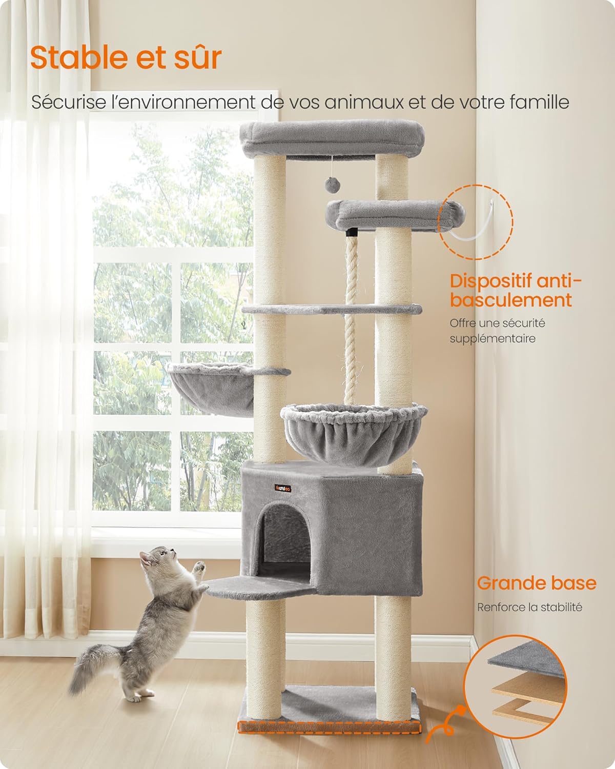 Thumbnail 5 de Feandrea Grand Arbre à Chat – Tour de Jeux XXL à 5 niveaux, 13 poteaux en sisal 11 cm Ø, 186,7 cm