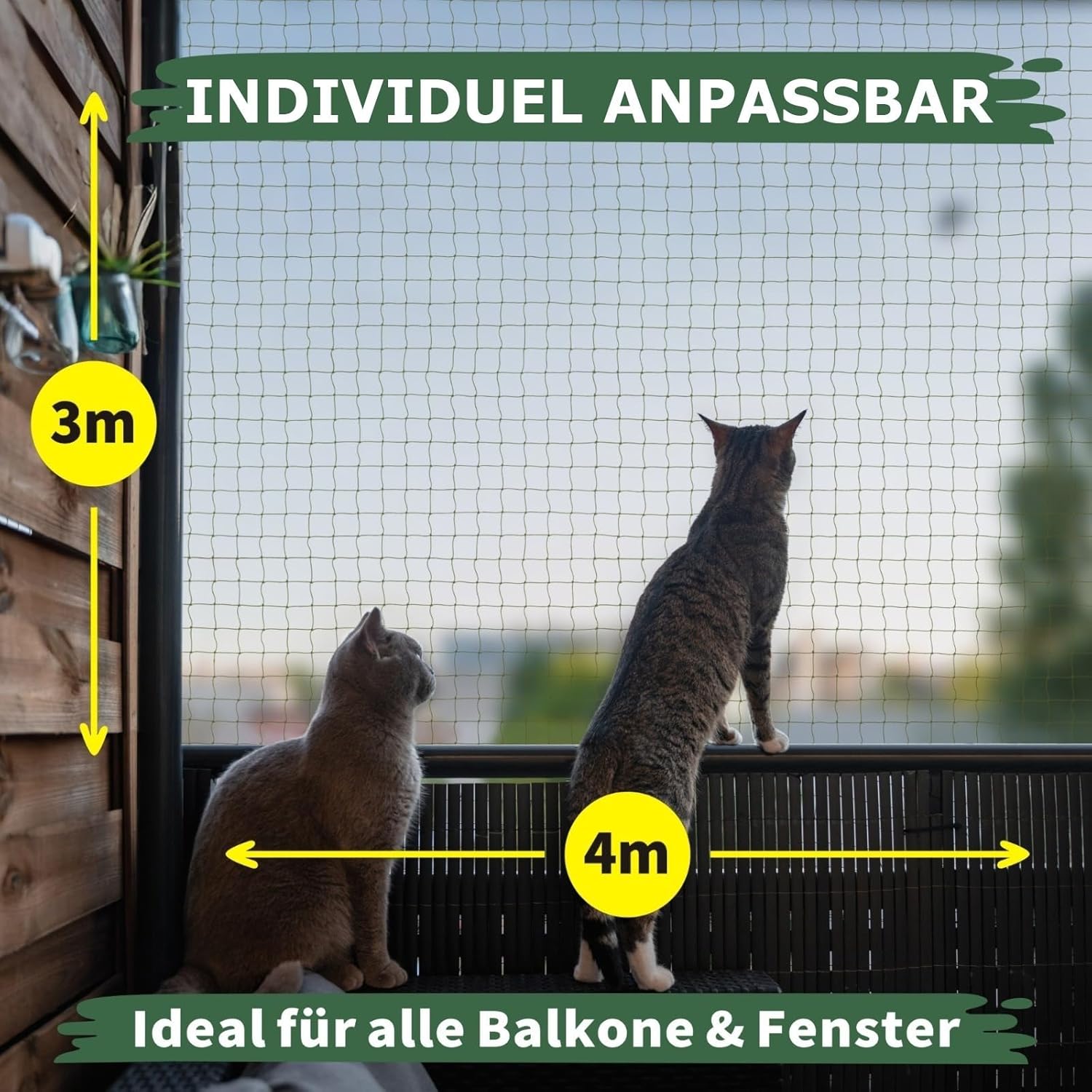 Thumbnail 3 de WOOWOOD Katzennetz für Balkon (ohne Bohren) – drahtverstärkt, wetterfest, mit Klebehaken & Silikonkleber, 4x3 m